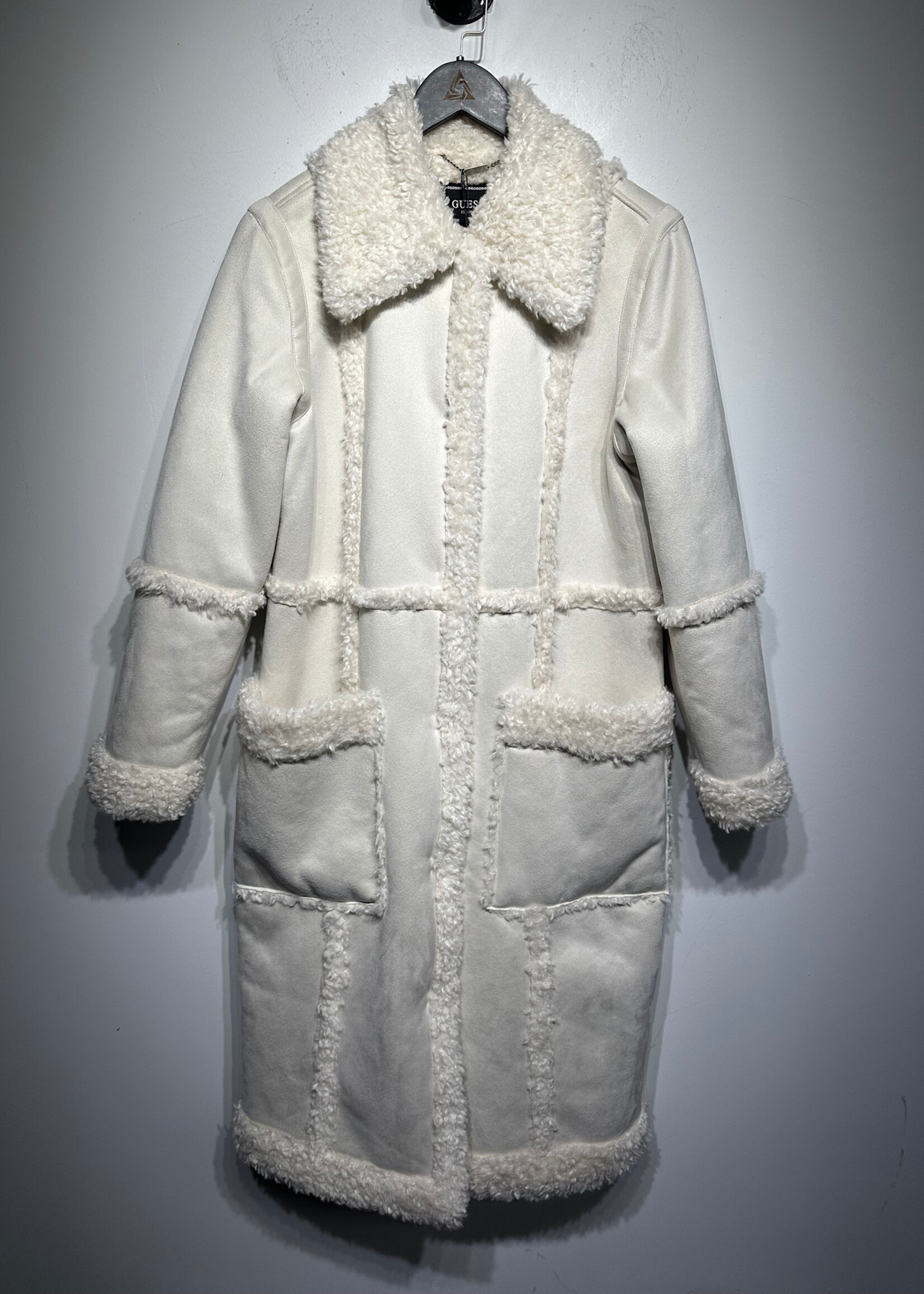 Guess White Faux Fur Trim Long Coat XS