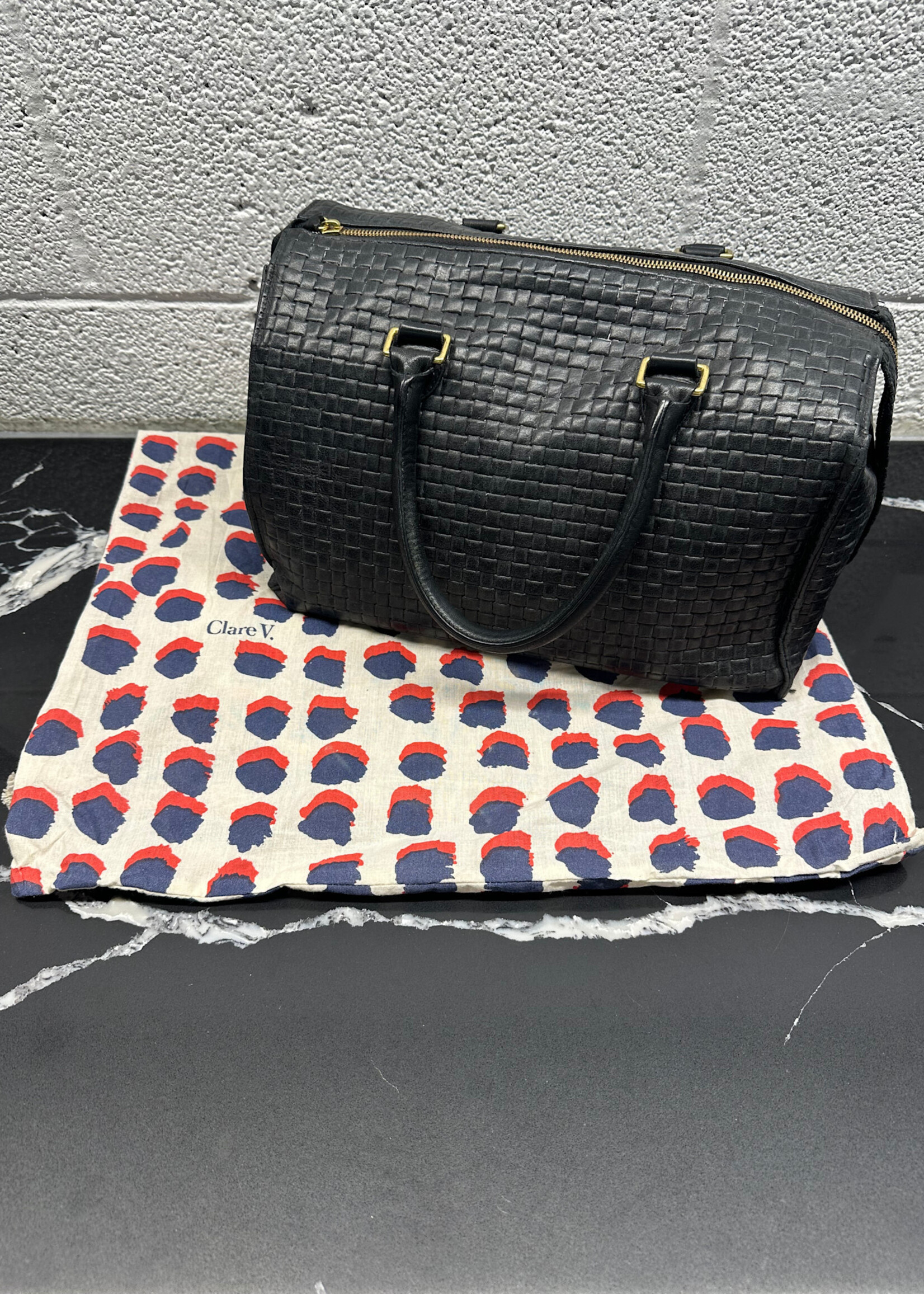 CLARE V BLACK LEATHER TOTE HANDBAG OS