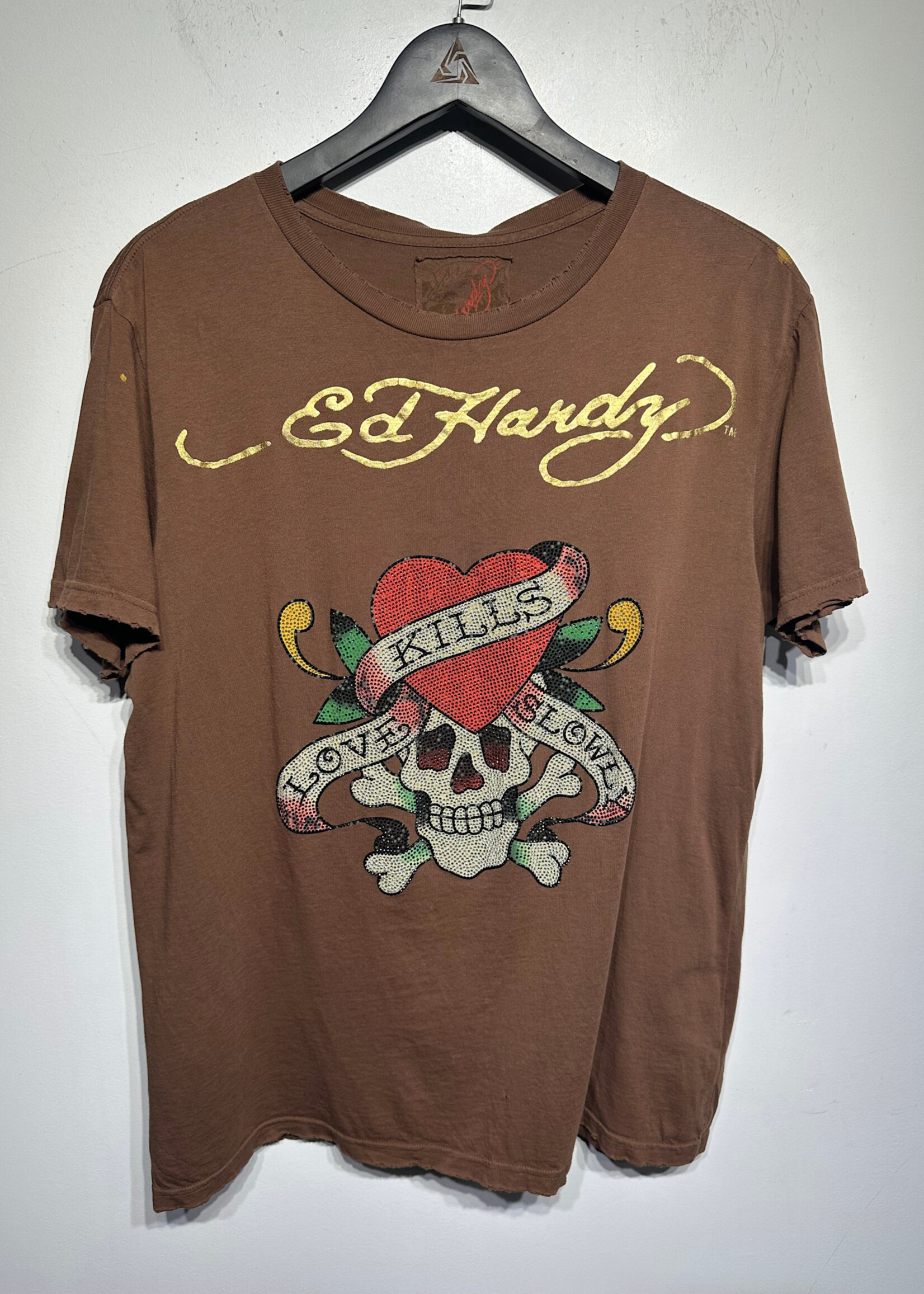Ed Hardy Brown 2000s Rhinestone L Tee AS IS