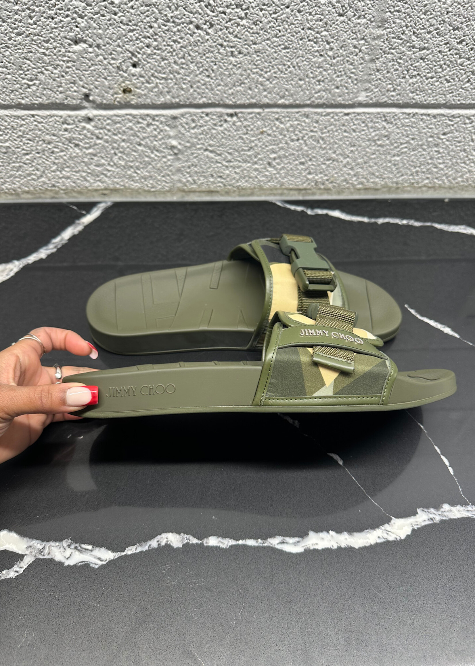 Jimmy Choo Camo Buckle Slides 10