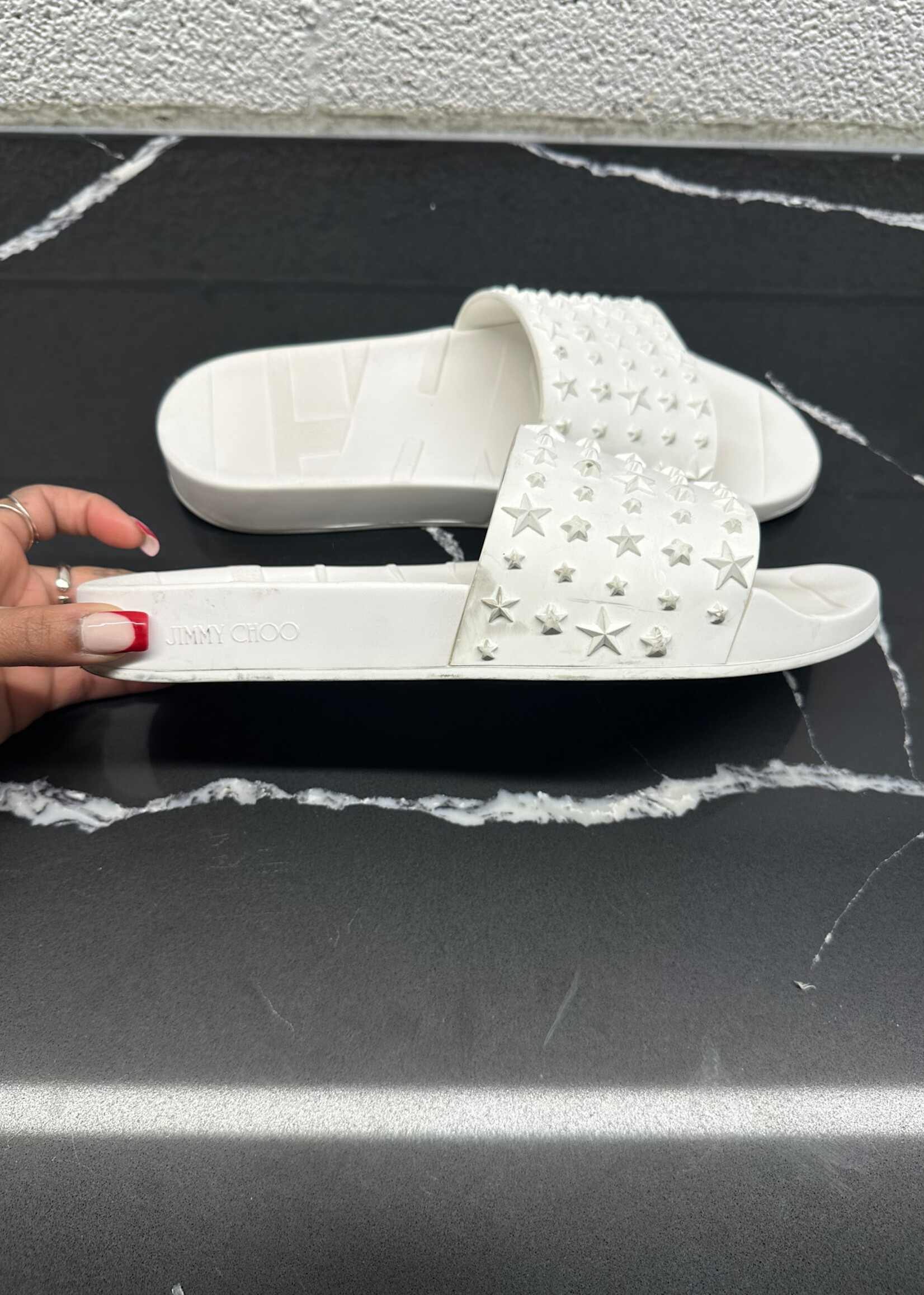 Jimmy Choo Star Embossed White Slides Masc 8