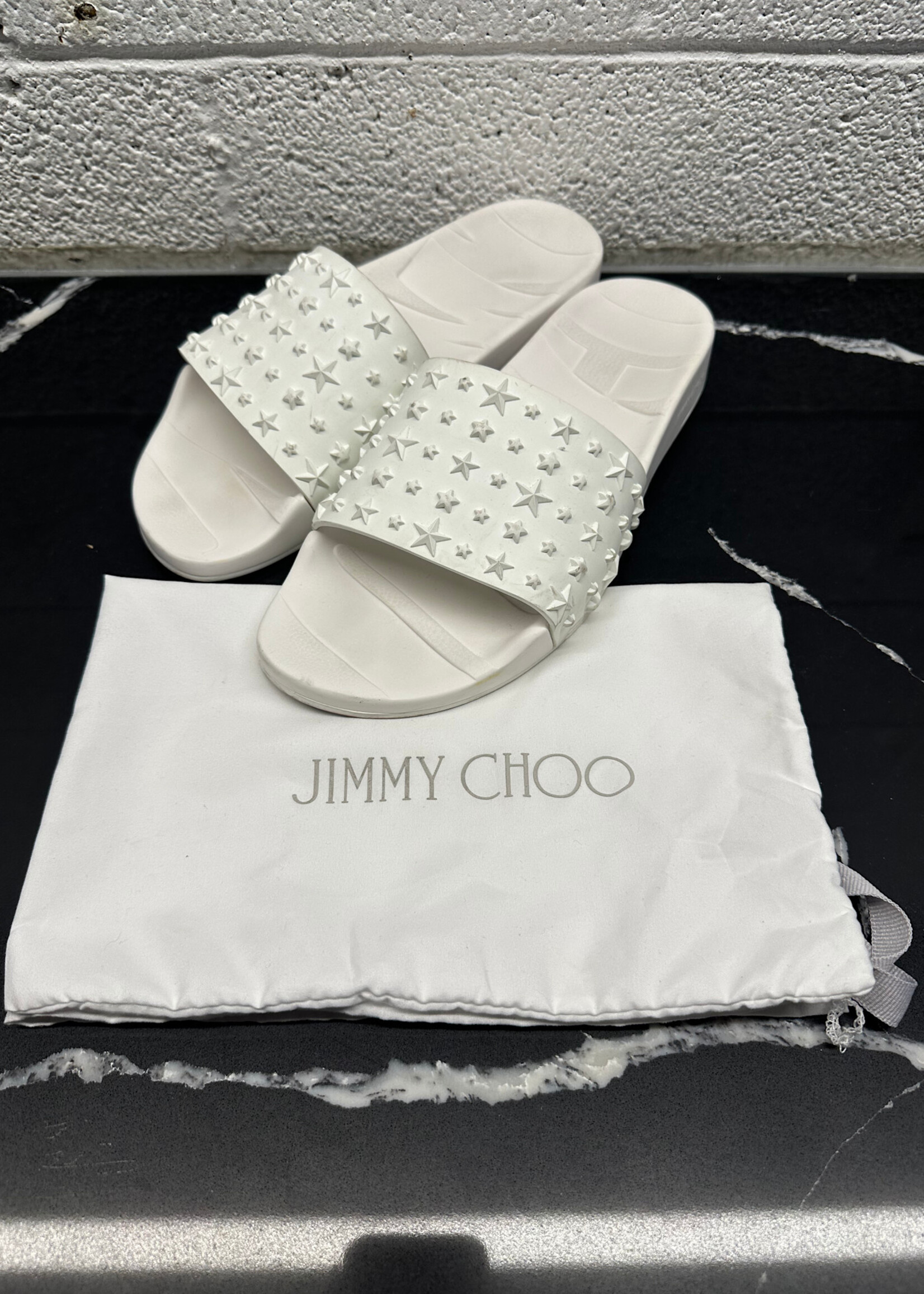 Jimmy Choo Star Embossed White Slides Masc 8