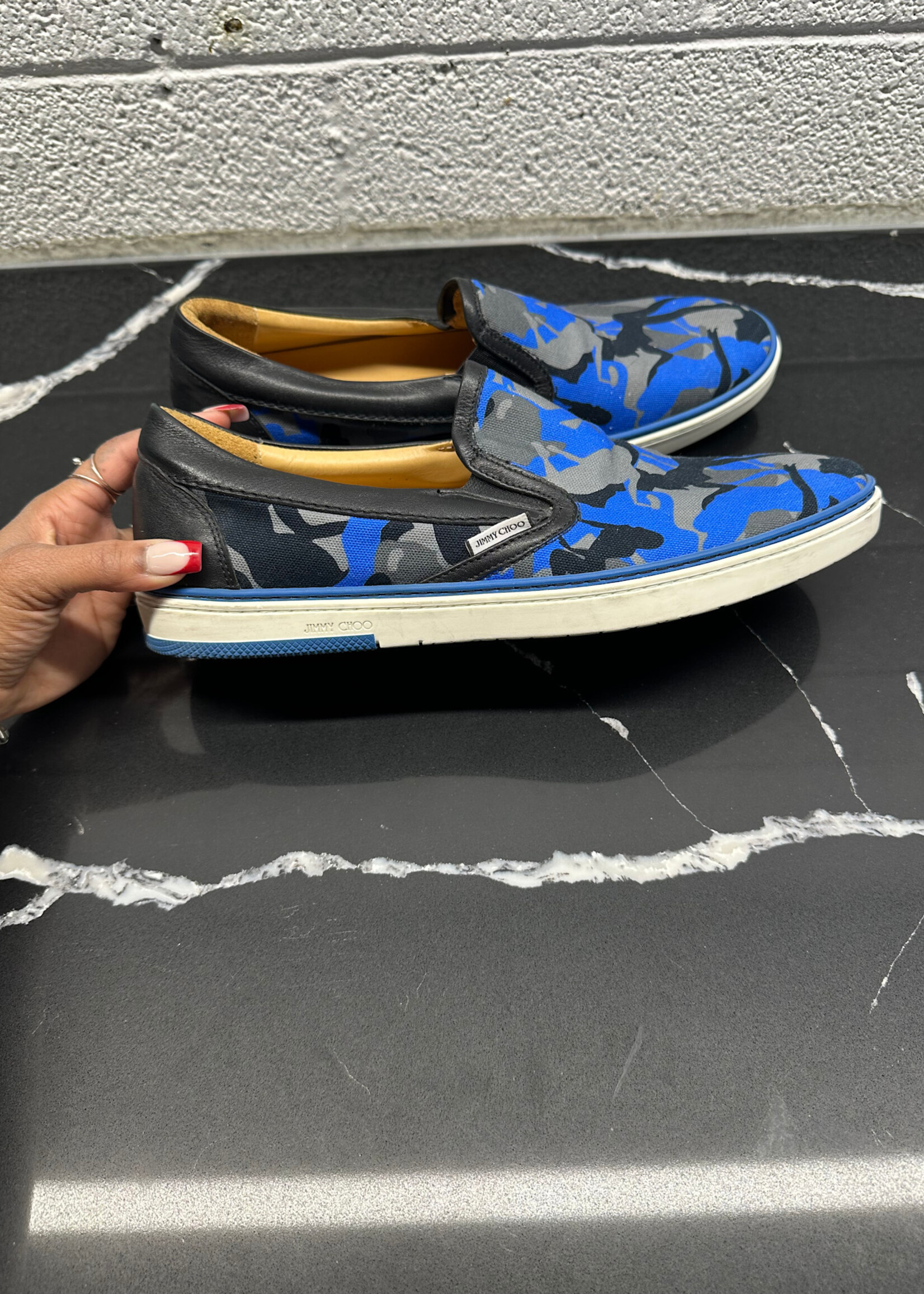 Jimmy Choo Woman Blue Camo Print Slip On 10