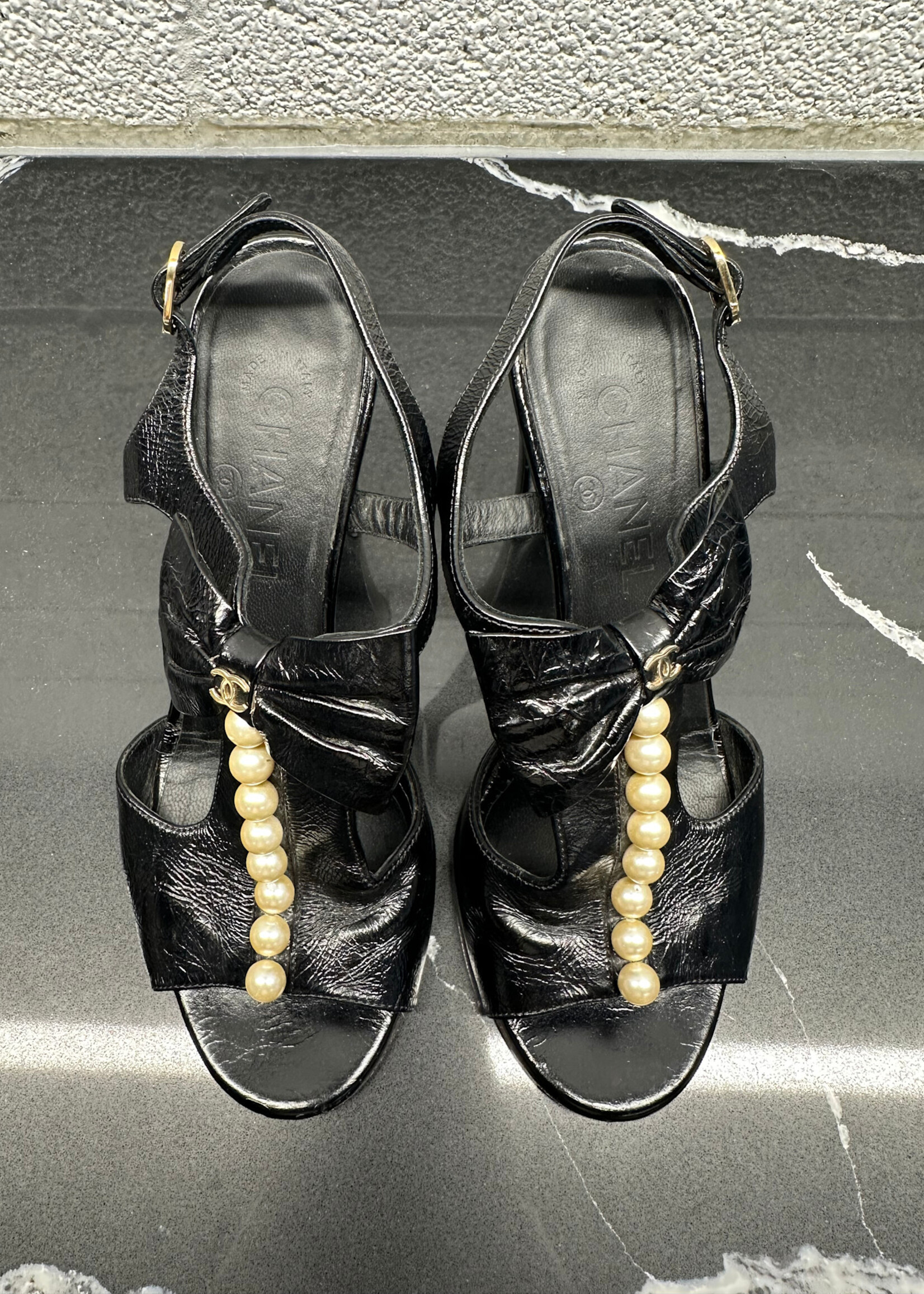 Chanel Black Bow Peep Toe 37.5/7.5