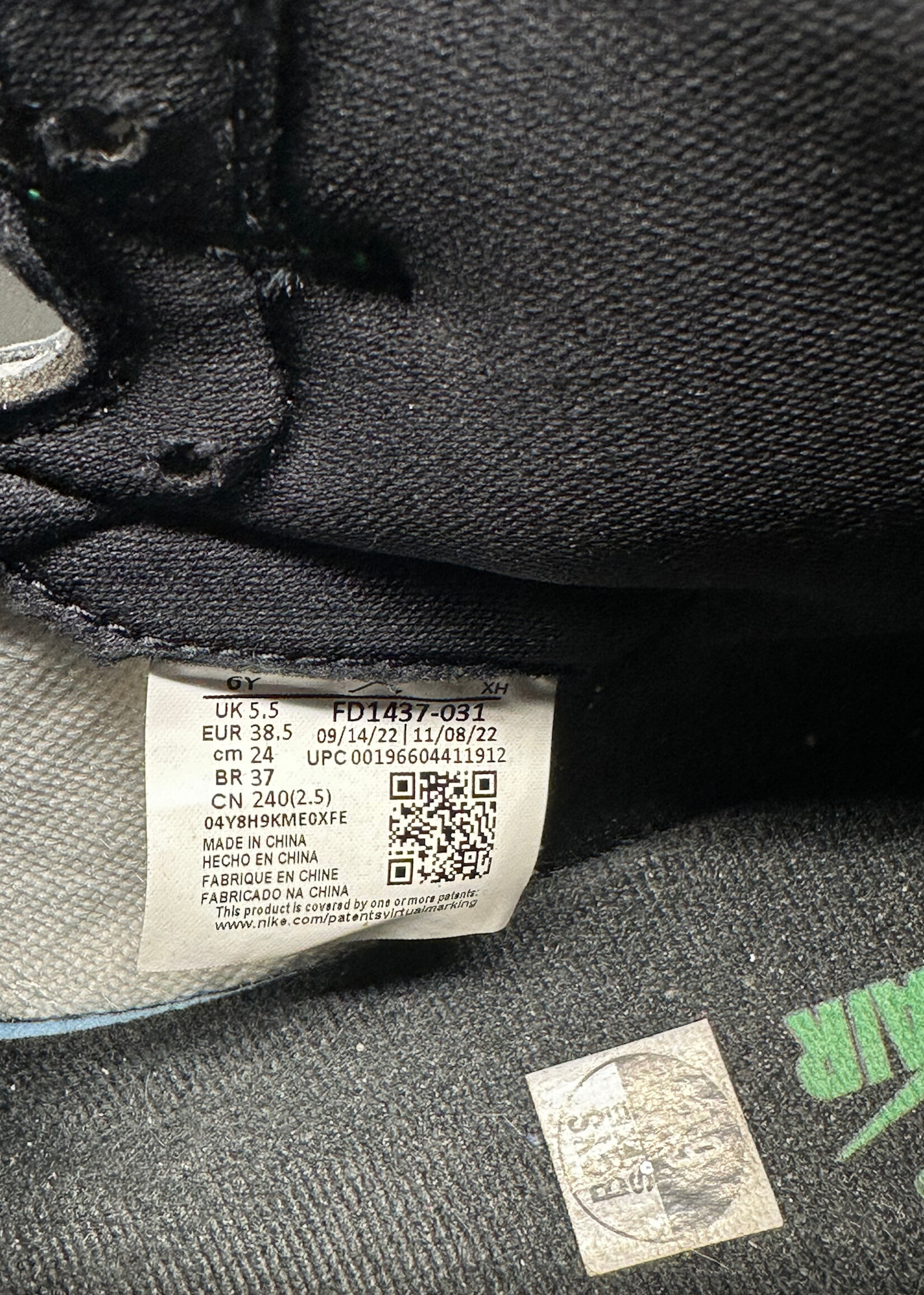 Jordan 1 High Green Black White Fem 7.5