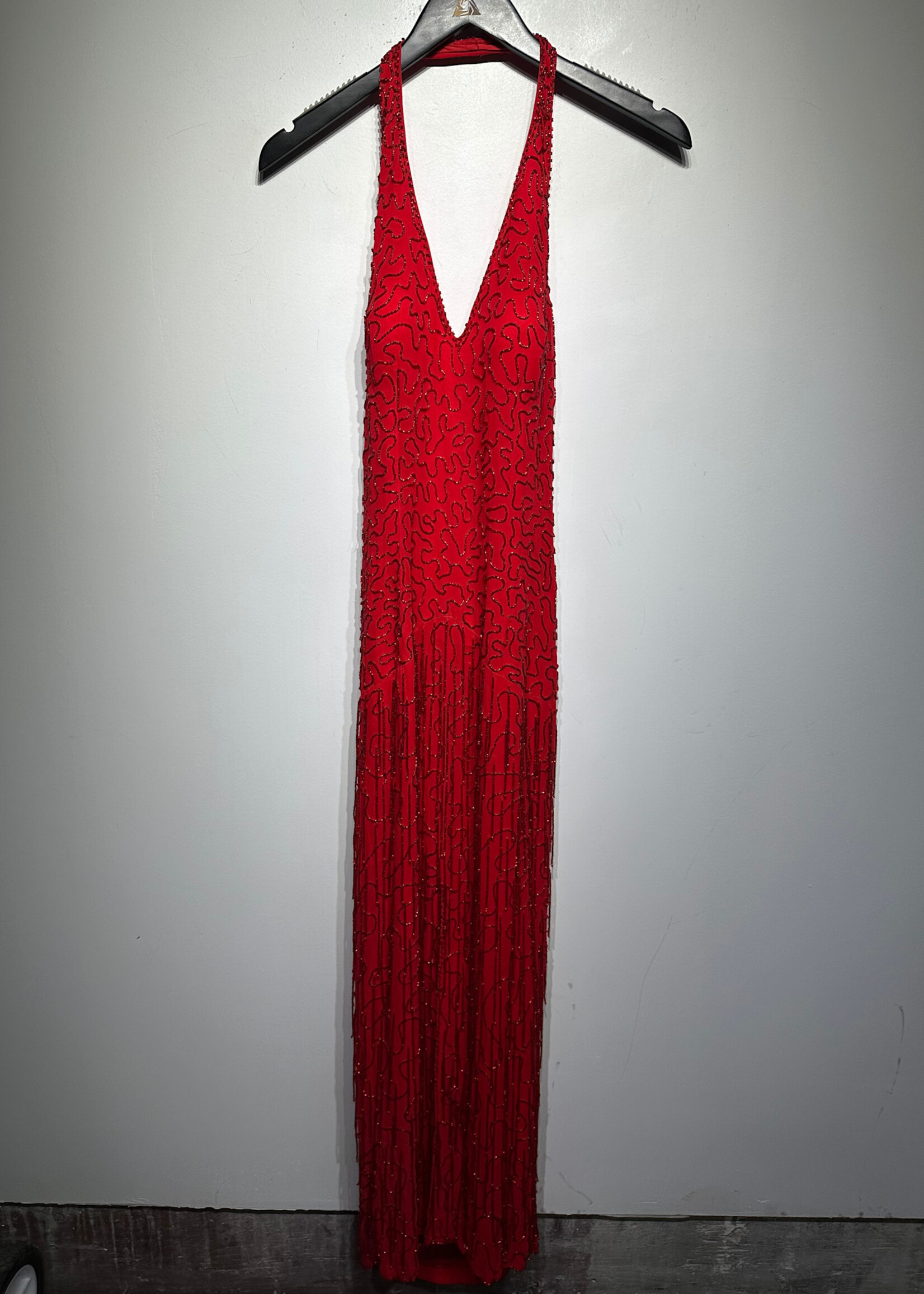 Black Tie Red Sequin Silk Halter Dress 6/S
