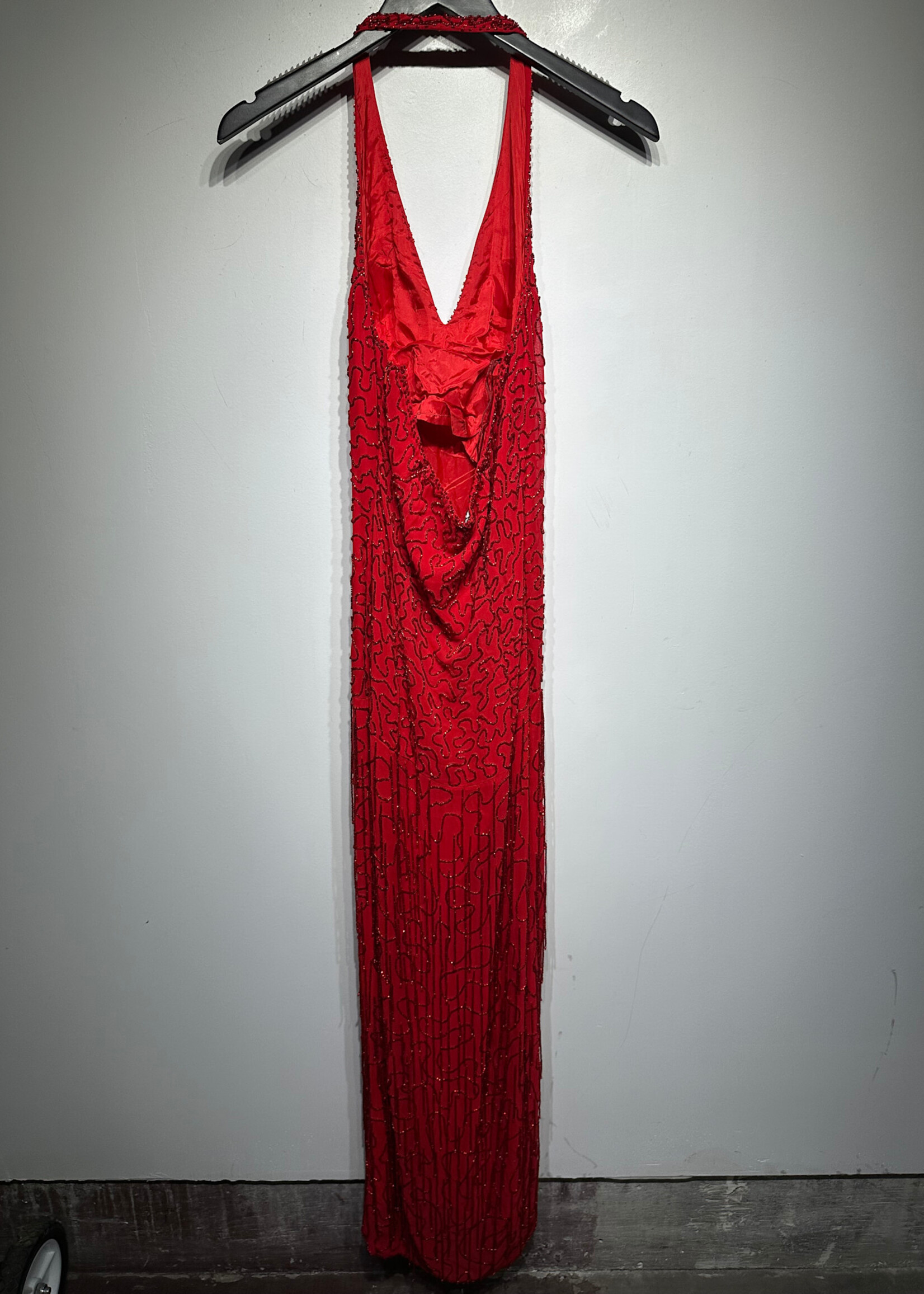Black Tie Red Sequin Silk Halter Dress 6/S