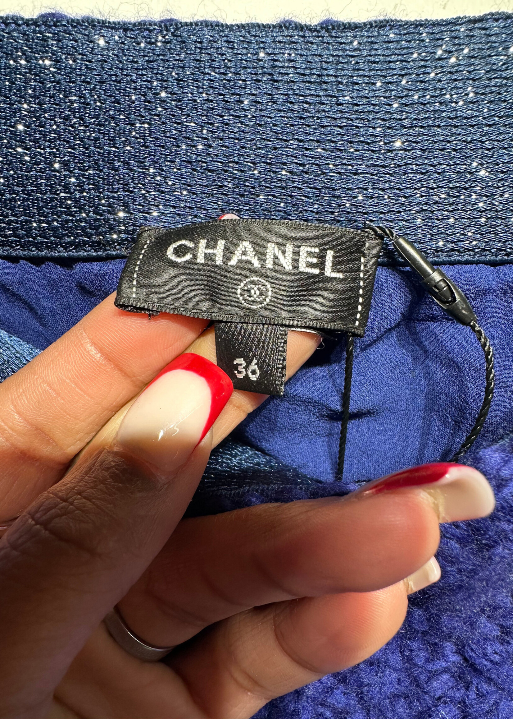 Chanel Navy Knit 4PC Skirt, Tube Top, Arm Set XS