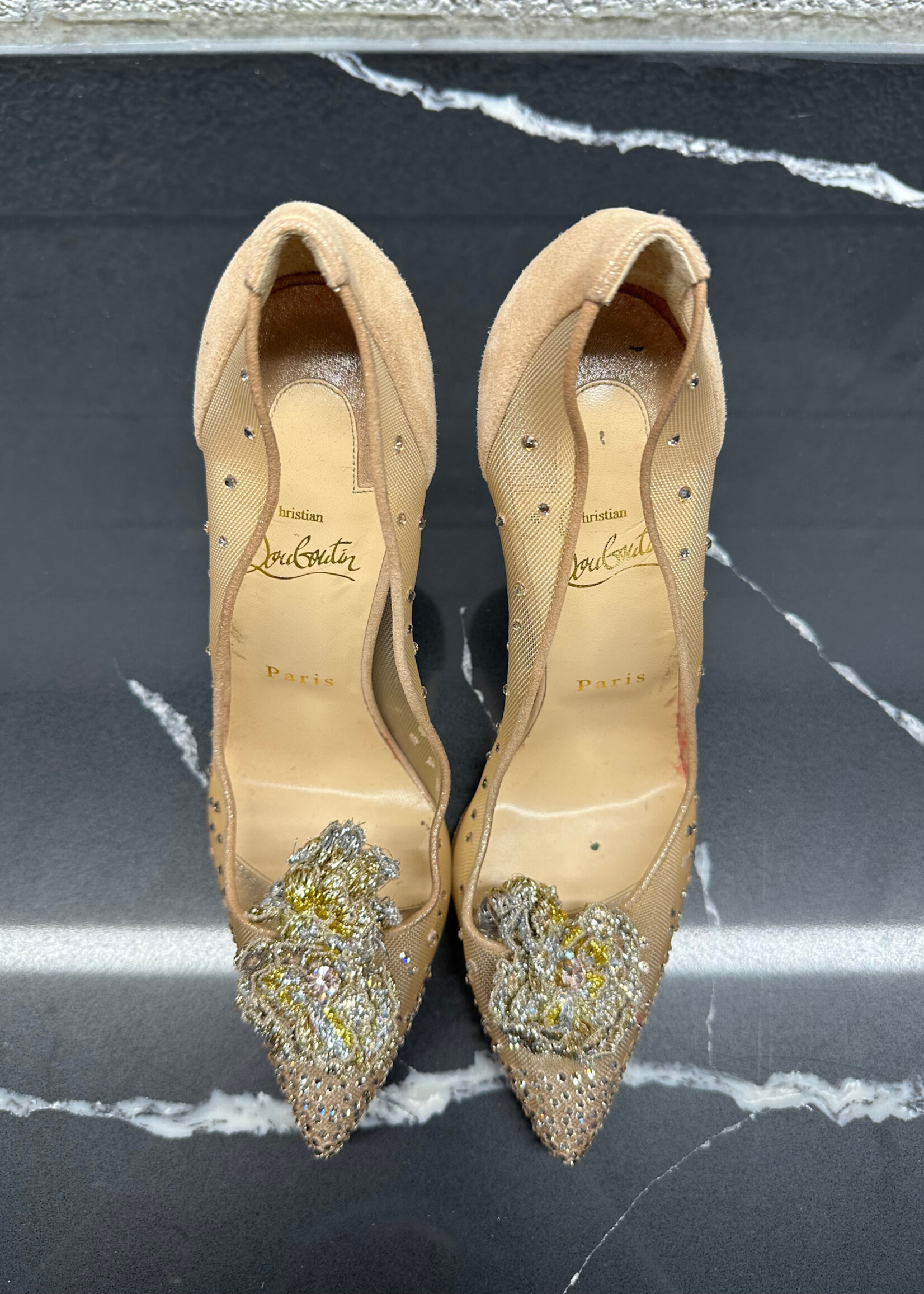 Christian Louboutin Nude Crystal Heels 8 As Is