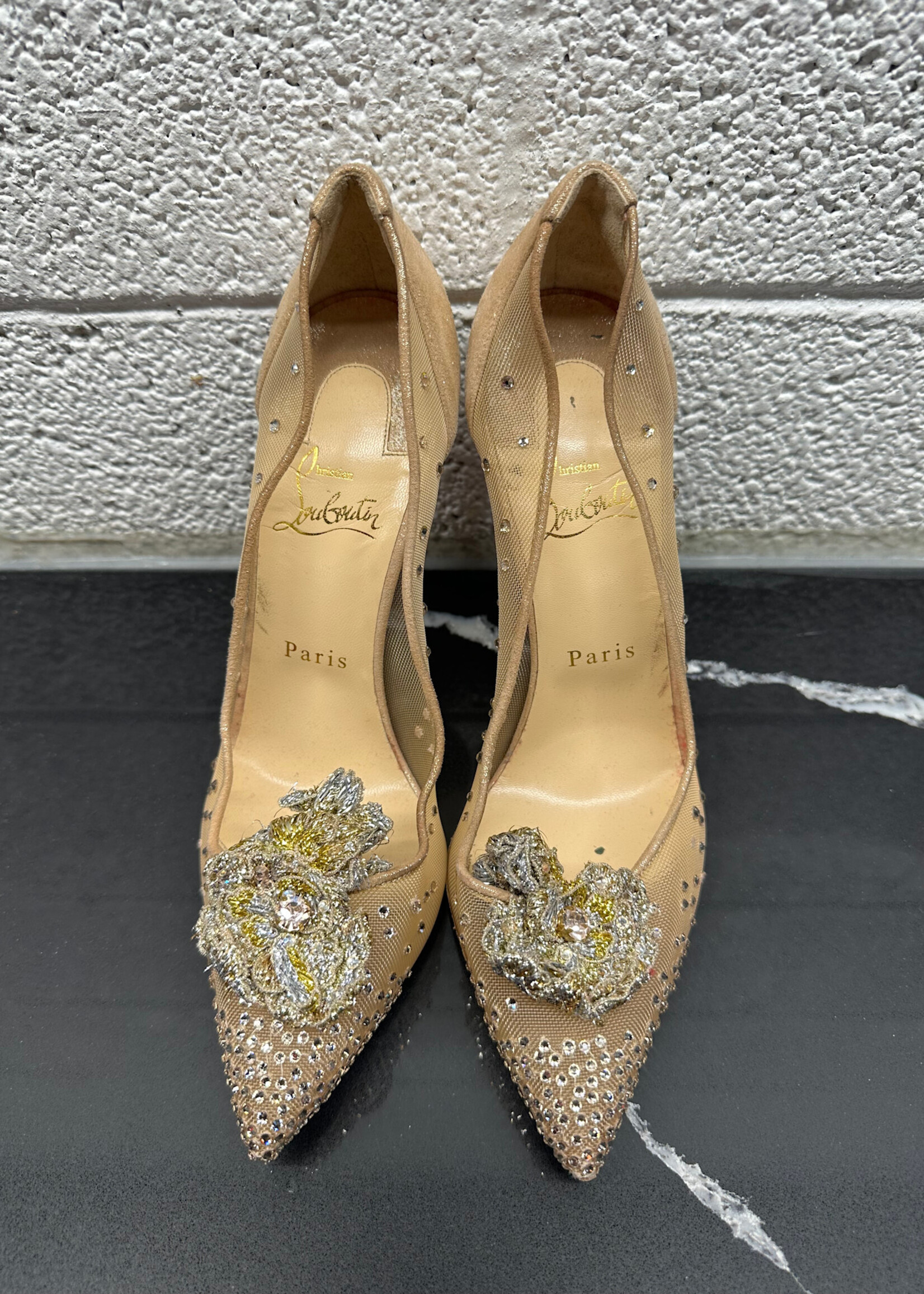 Christian Louboutin Nude Crystal Heels 8 As Is