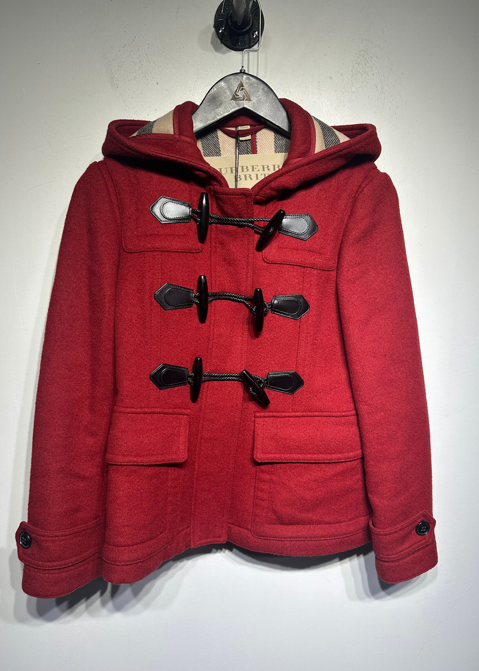 Burberry Brit Red  Zip Up Hooded Wool Coat Fem XS