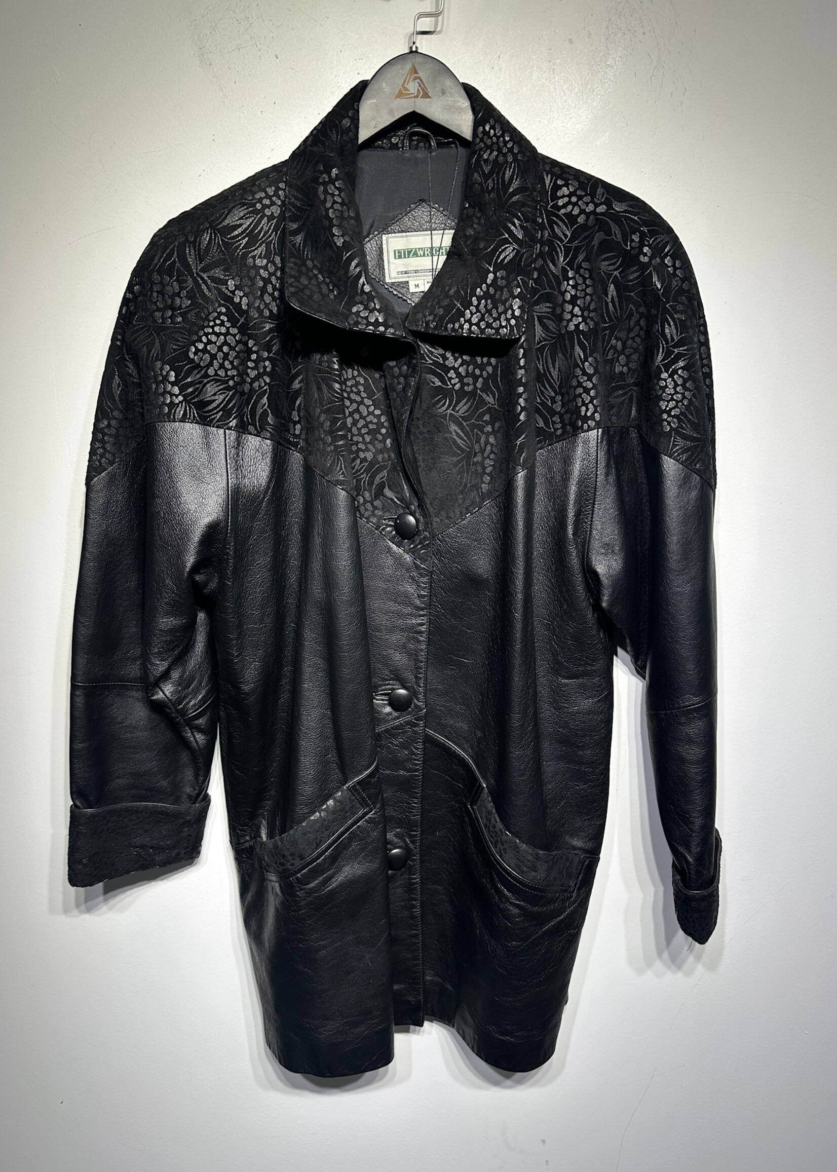 Fitz-Wright Black Leather Floral Collar Jacket Fem M