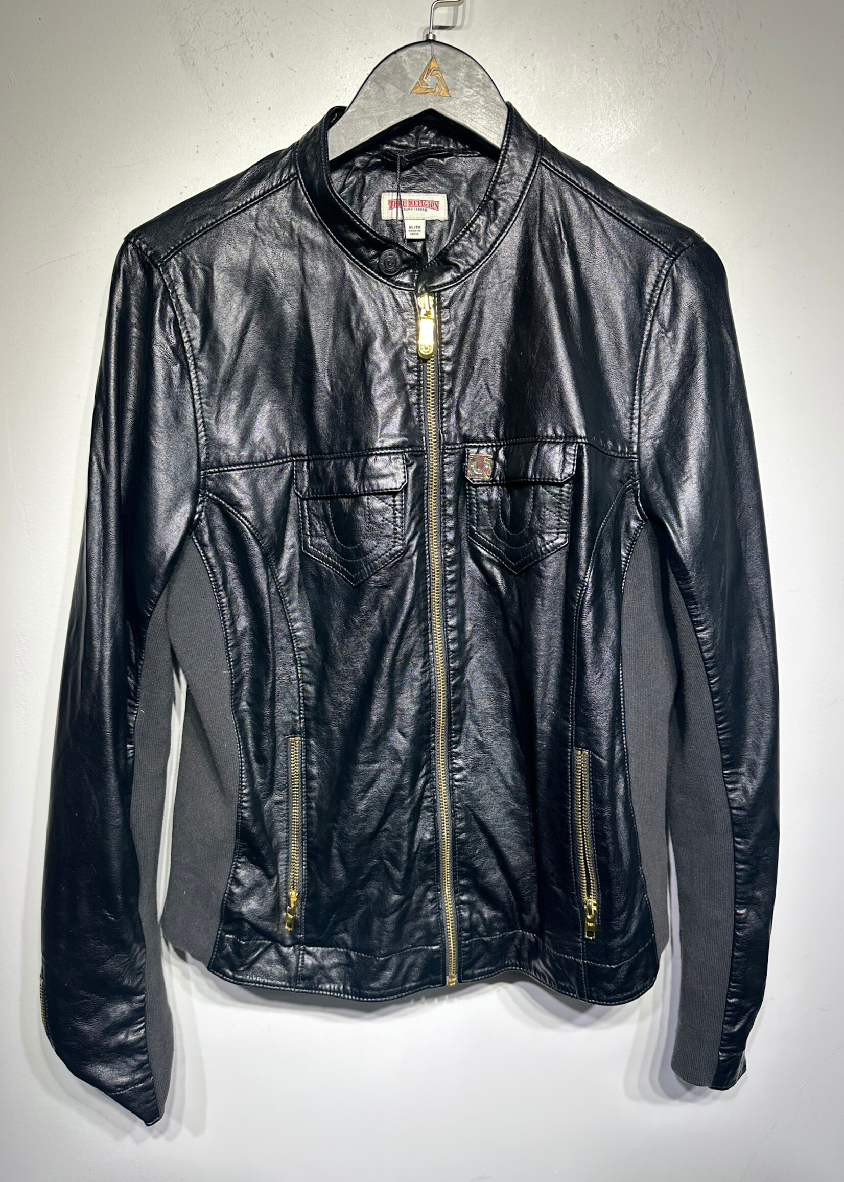 True Religion Black Faux Leather Jacket Fem XL