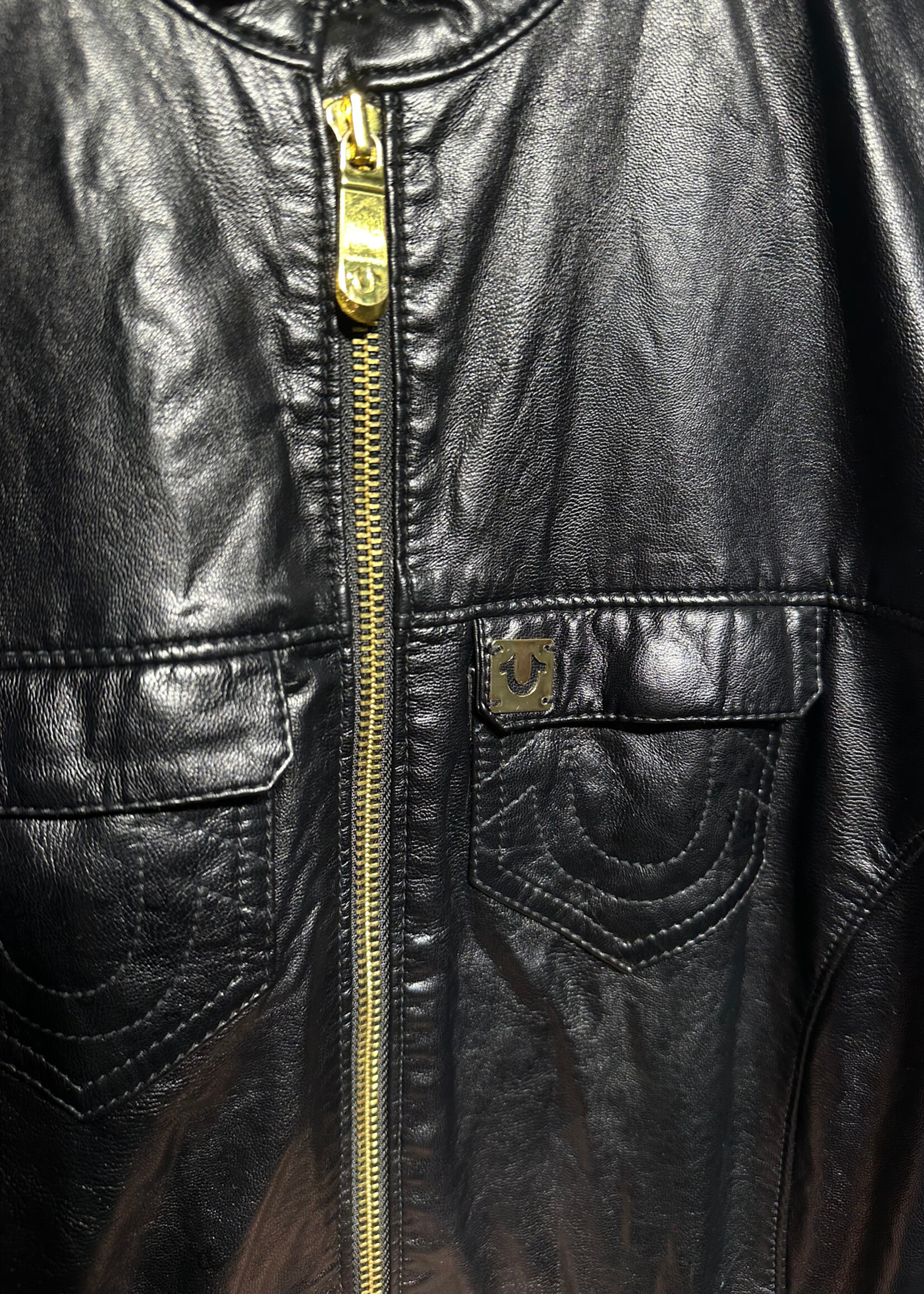 True Religion Black Faux Leather Jacket Fem XL