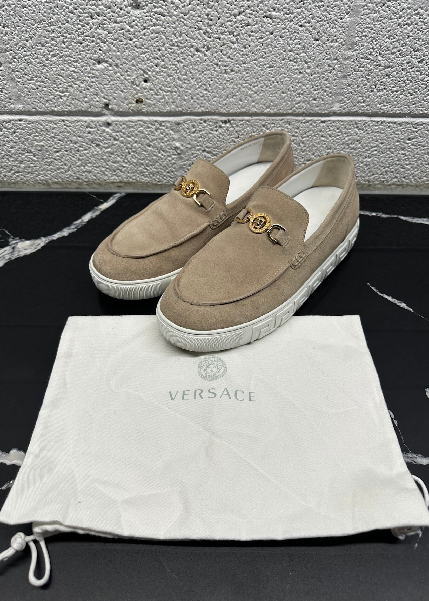 Versace Greca Sole Tan Suede Loafers 43/10