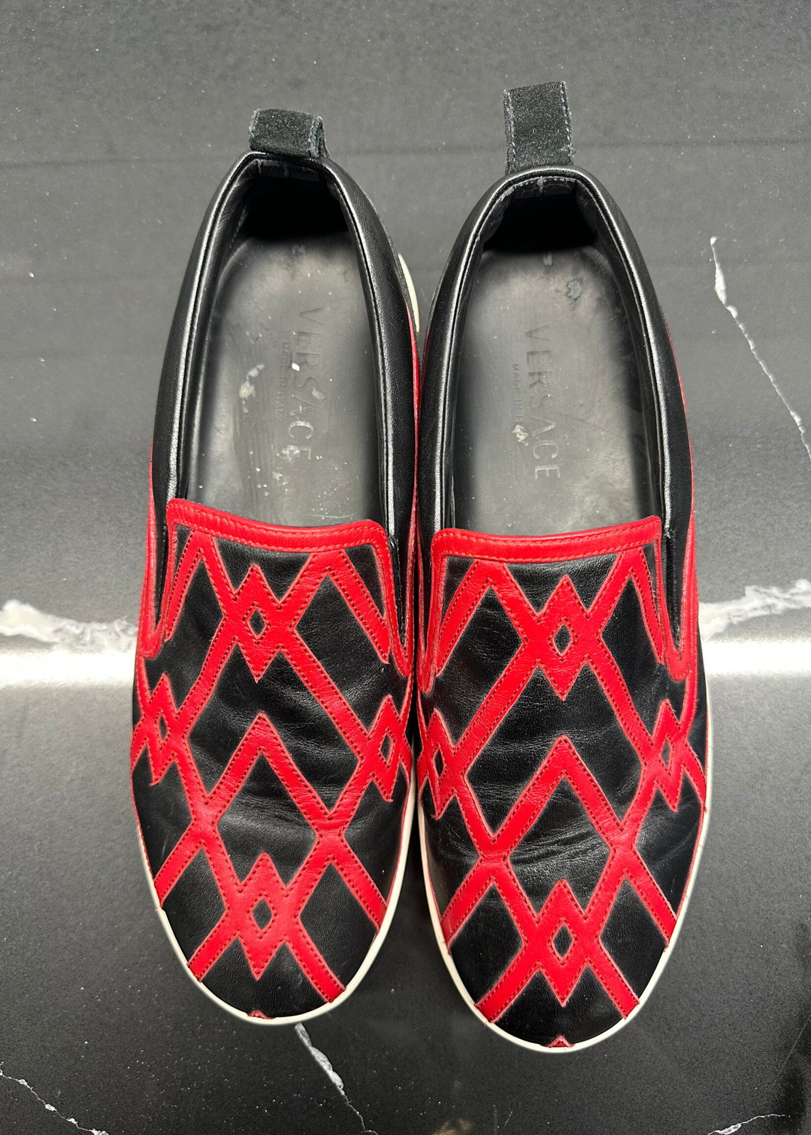 Versace Black Red Stitch Slip Ons 9