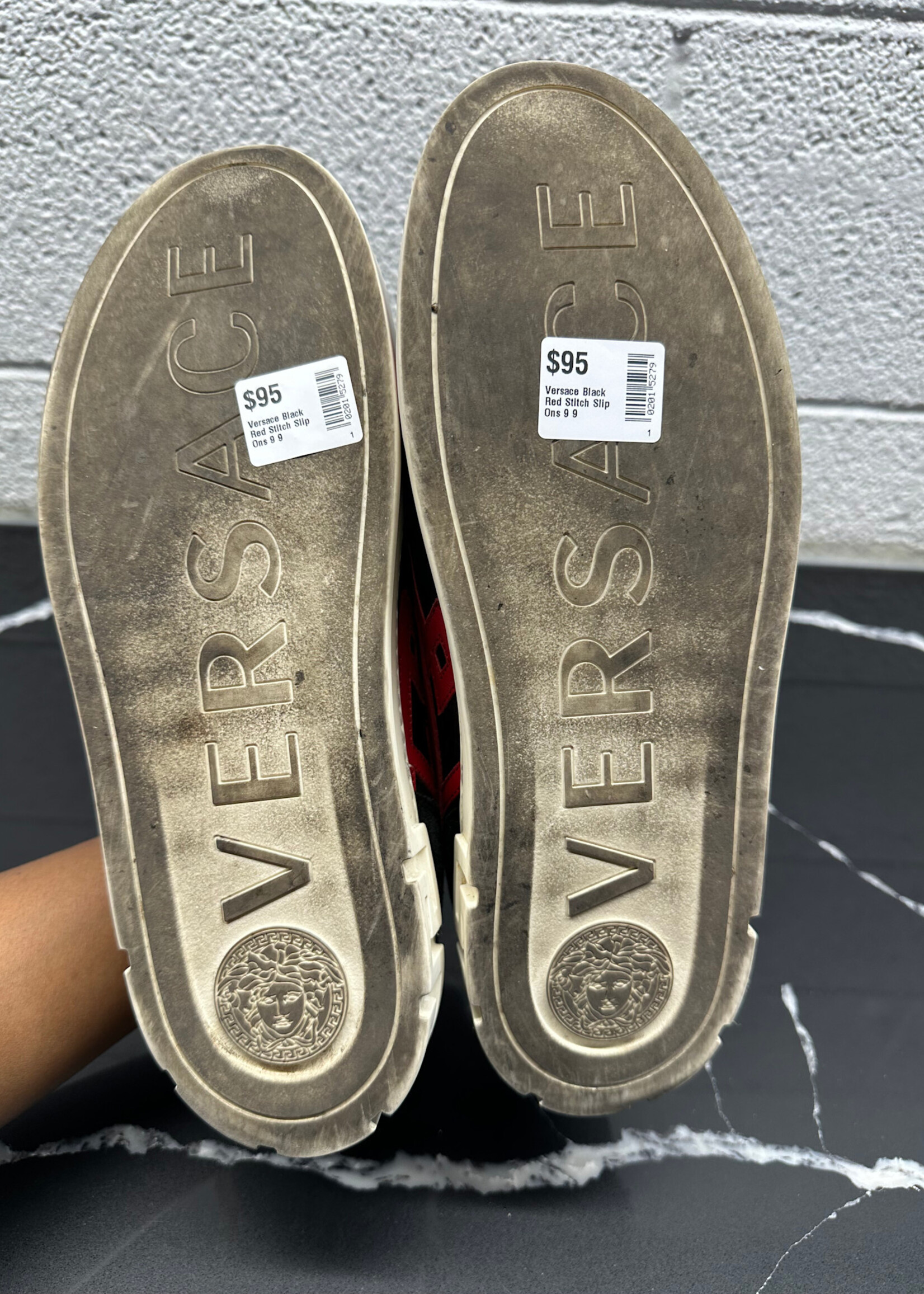 Versace Black Red Stitch Slip Ons 9