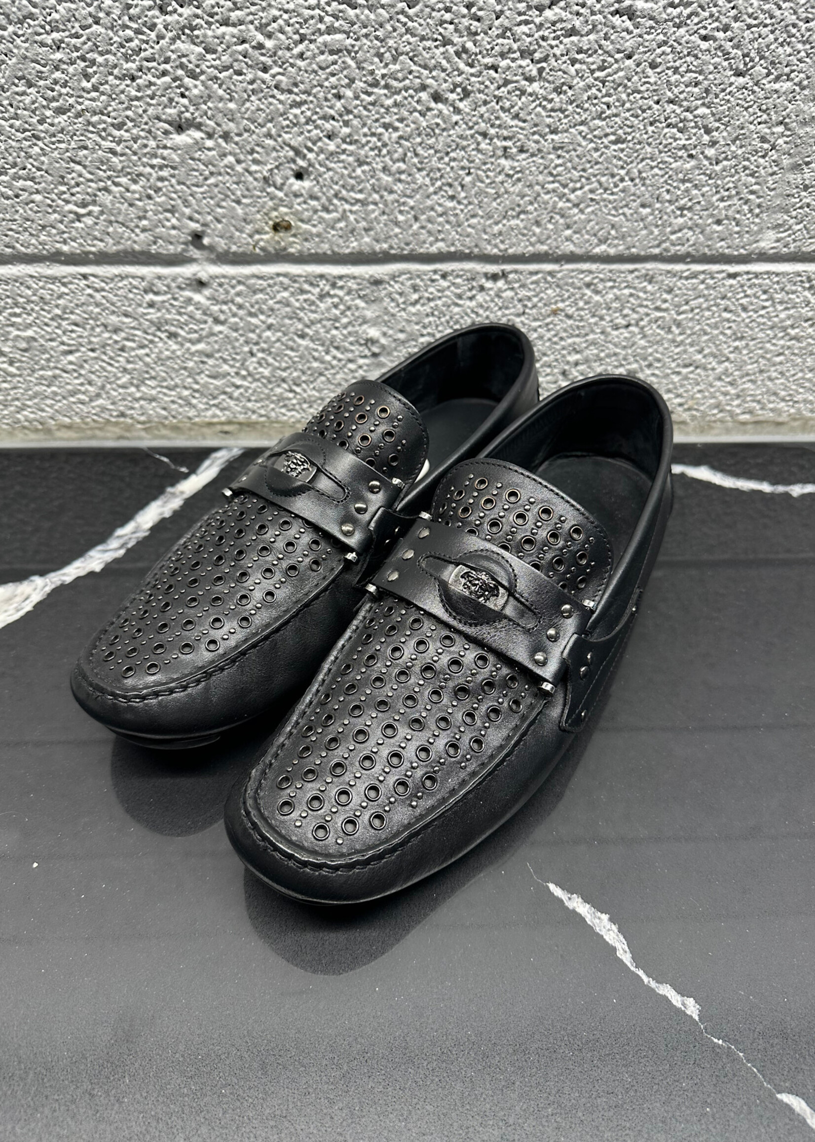 Versace Black Grommet Leather Loafers 43/10