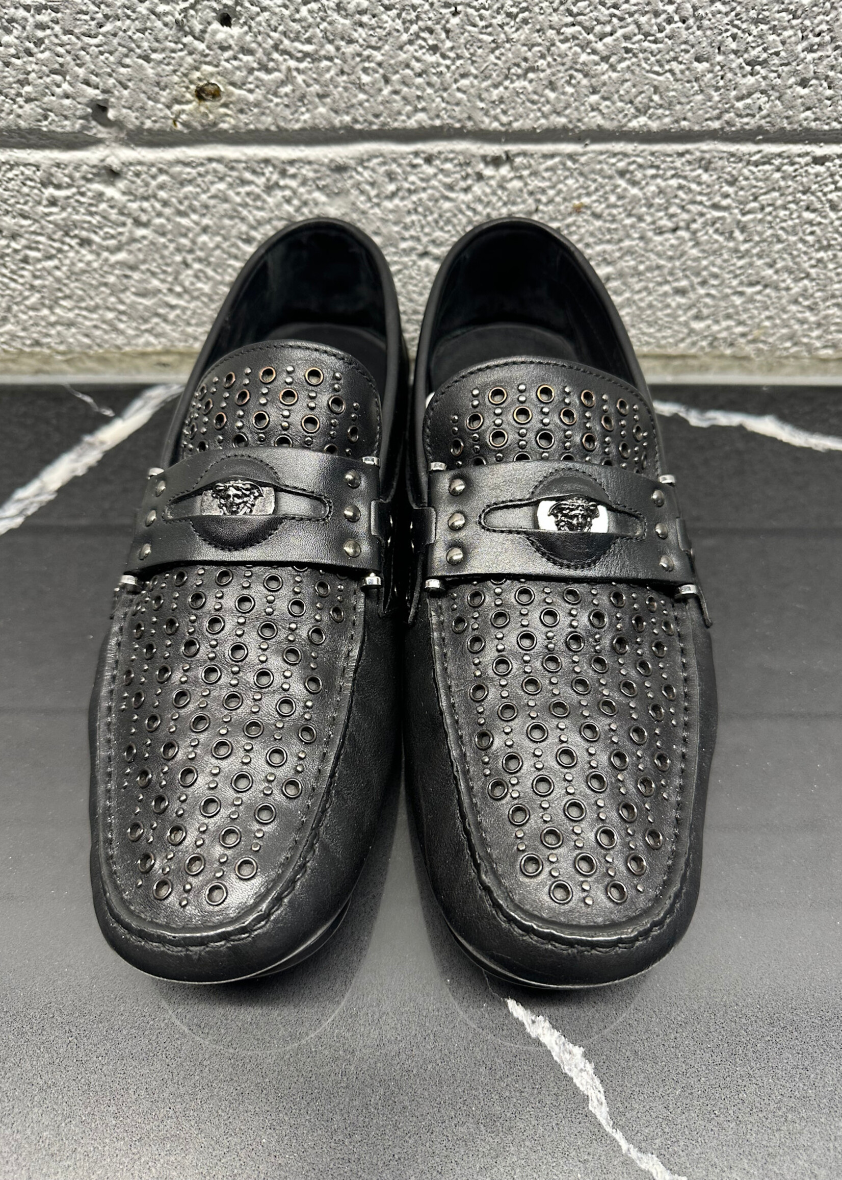 Versace Black Grommet Leather Loafers 43/10