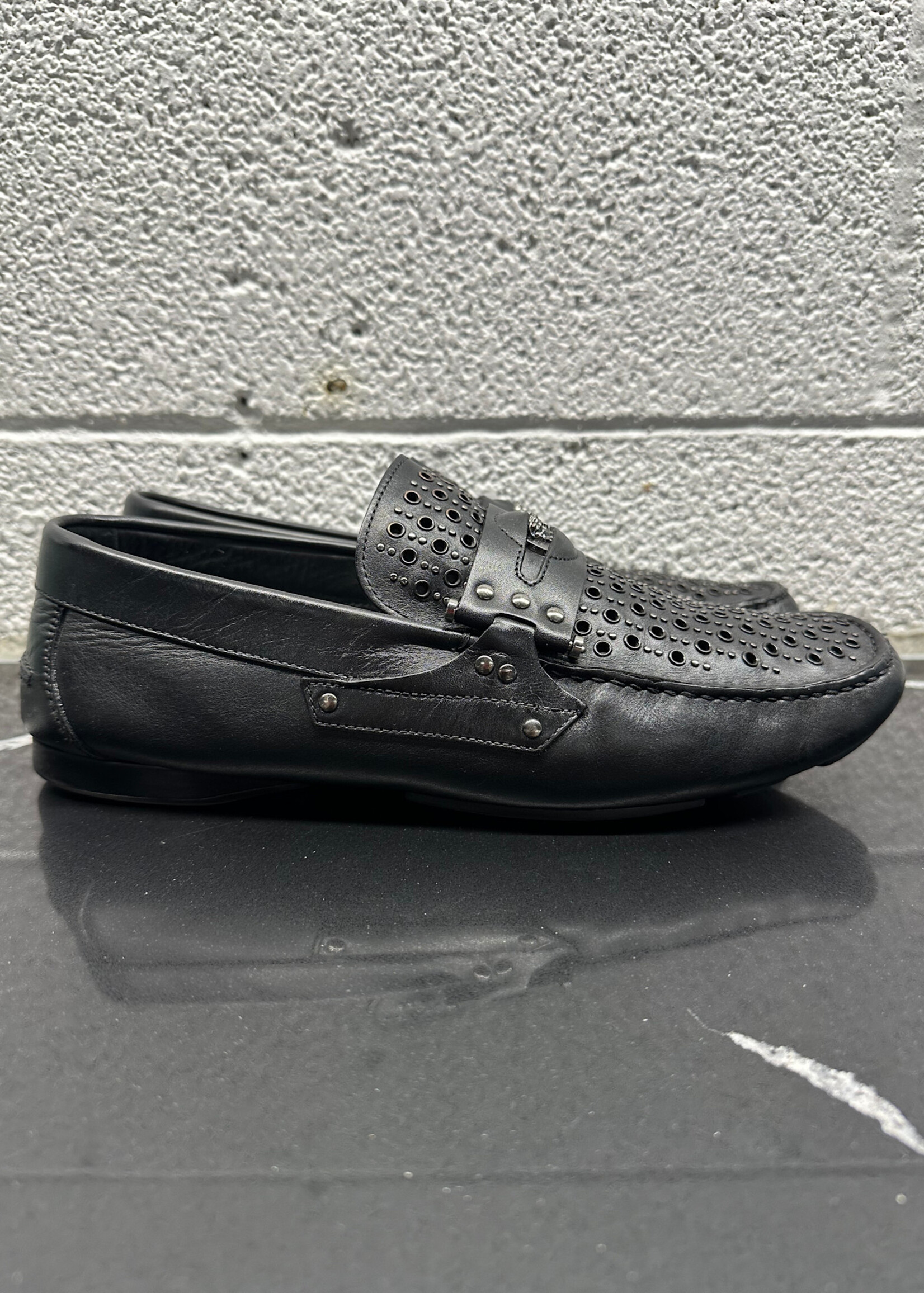 Versace Black Grommet Leather Loafers 43/10