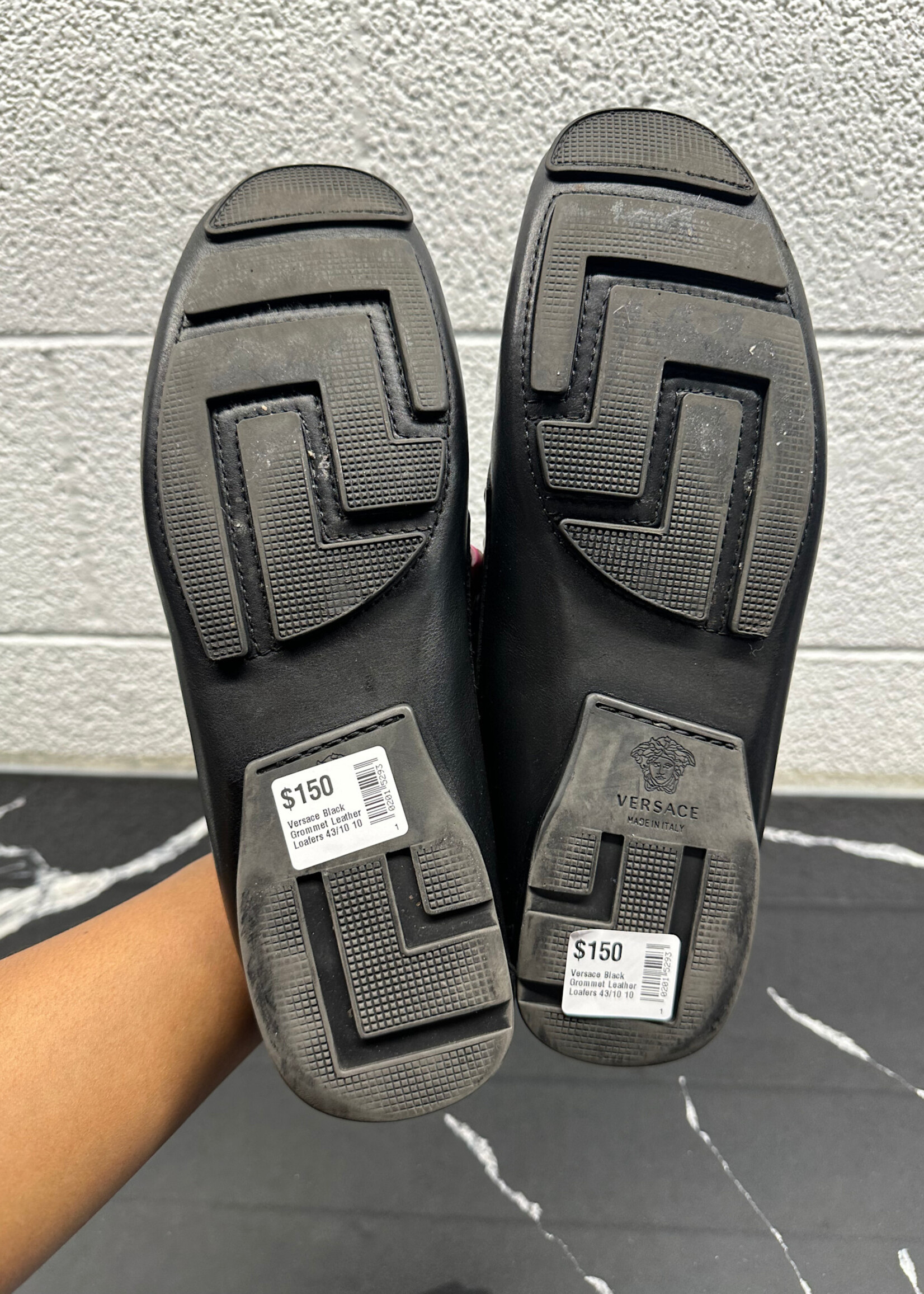 Versace Black Grommet Leather Loafers 43/10