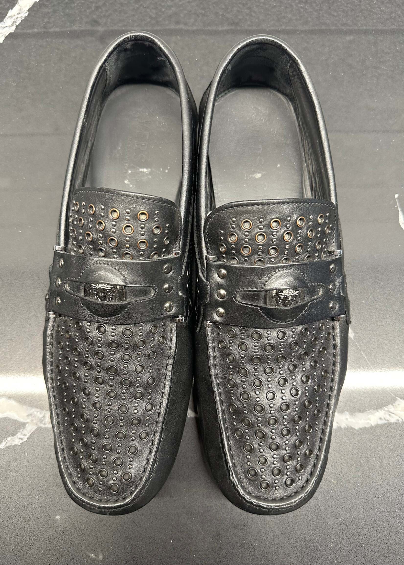 Versace Black Grommet Leather Loafers 43/10