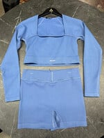 Bo+Tee Blue Ribbed LS Top Shorts Workout Set L