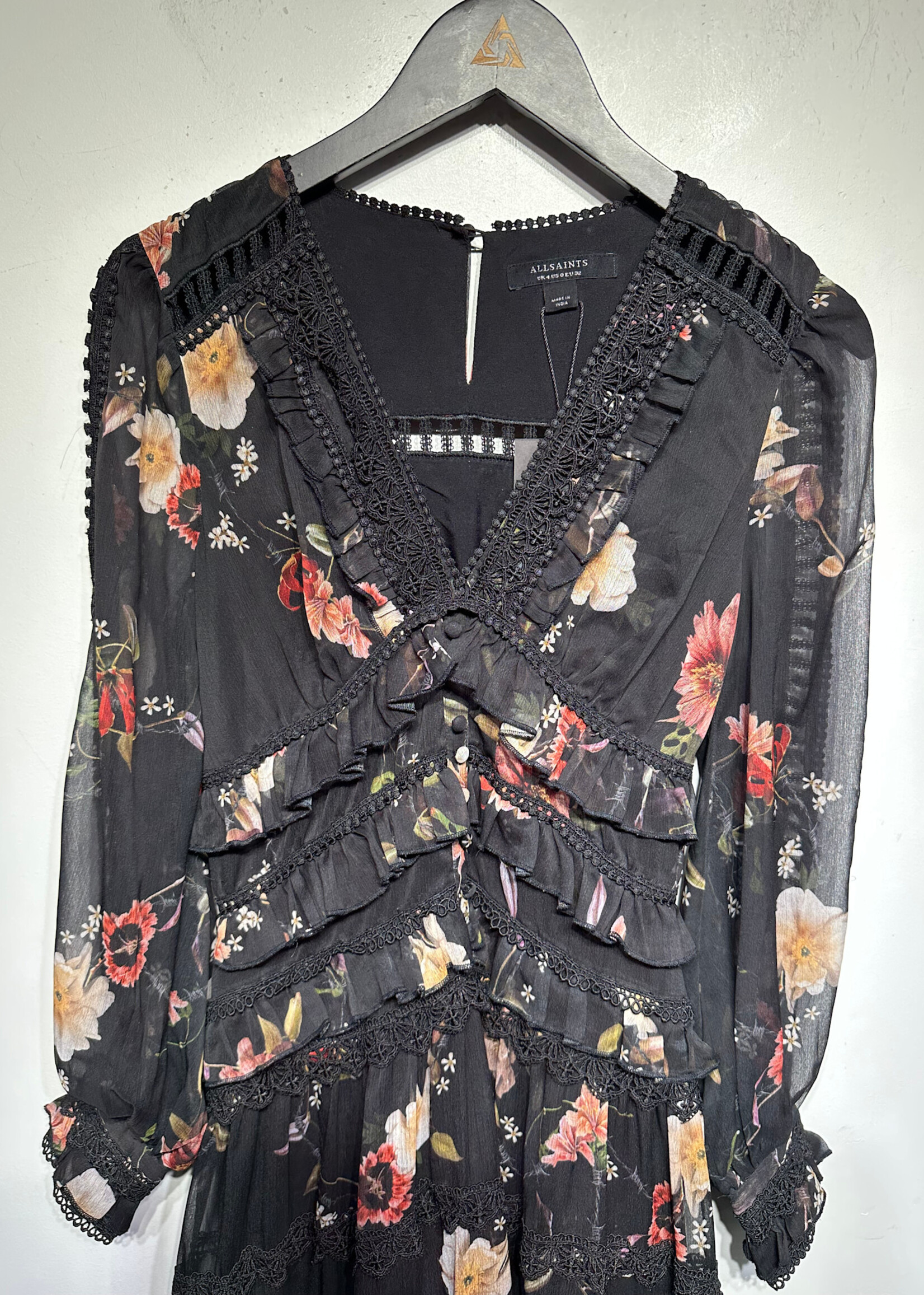 Allsaints Floral Ruffle LS Dress S