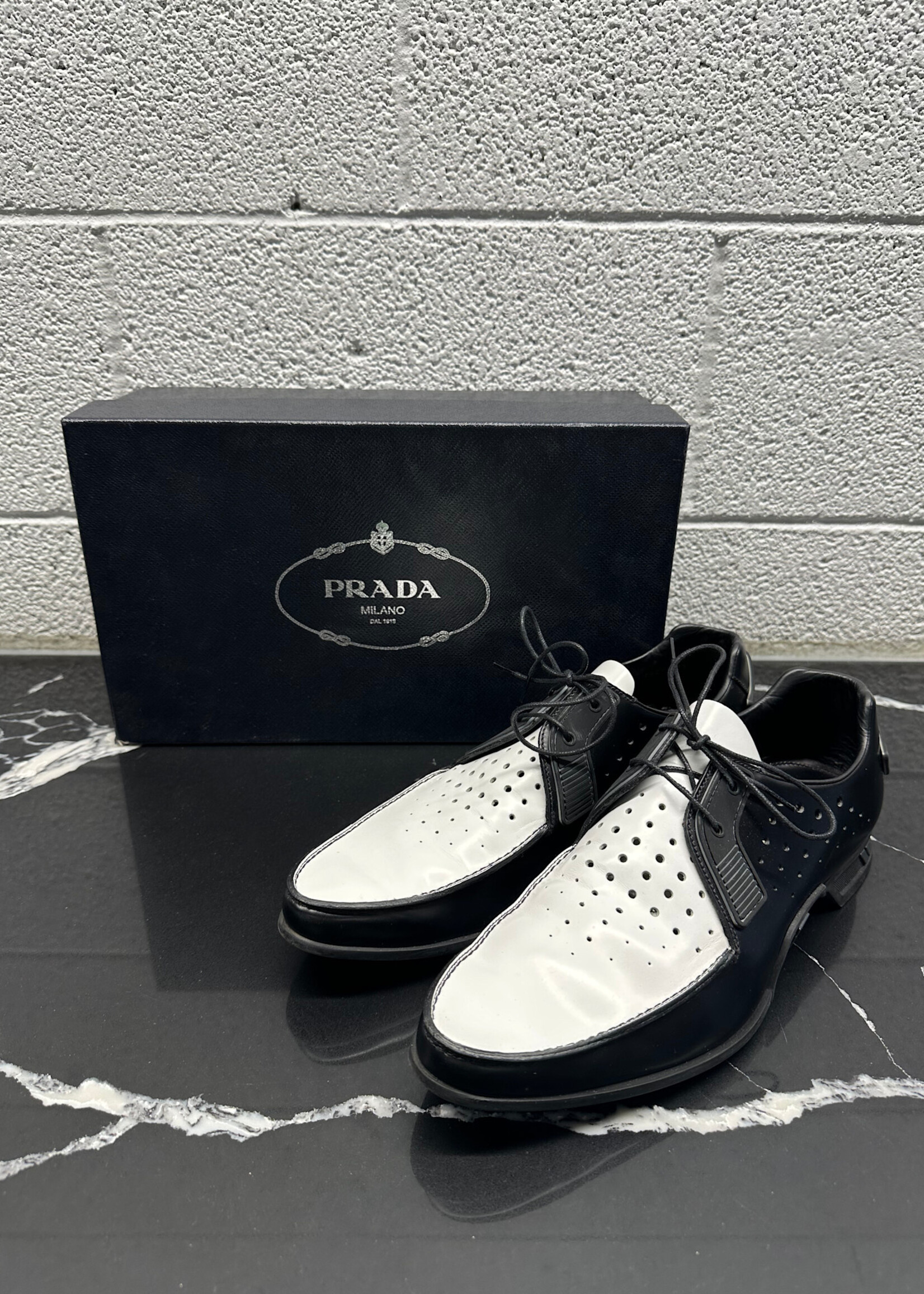 Prada Lasercut White Black Derby Fits 10.5