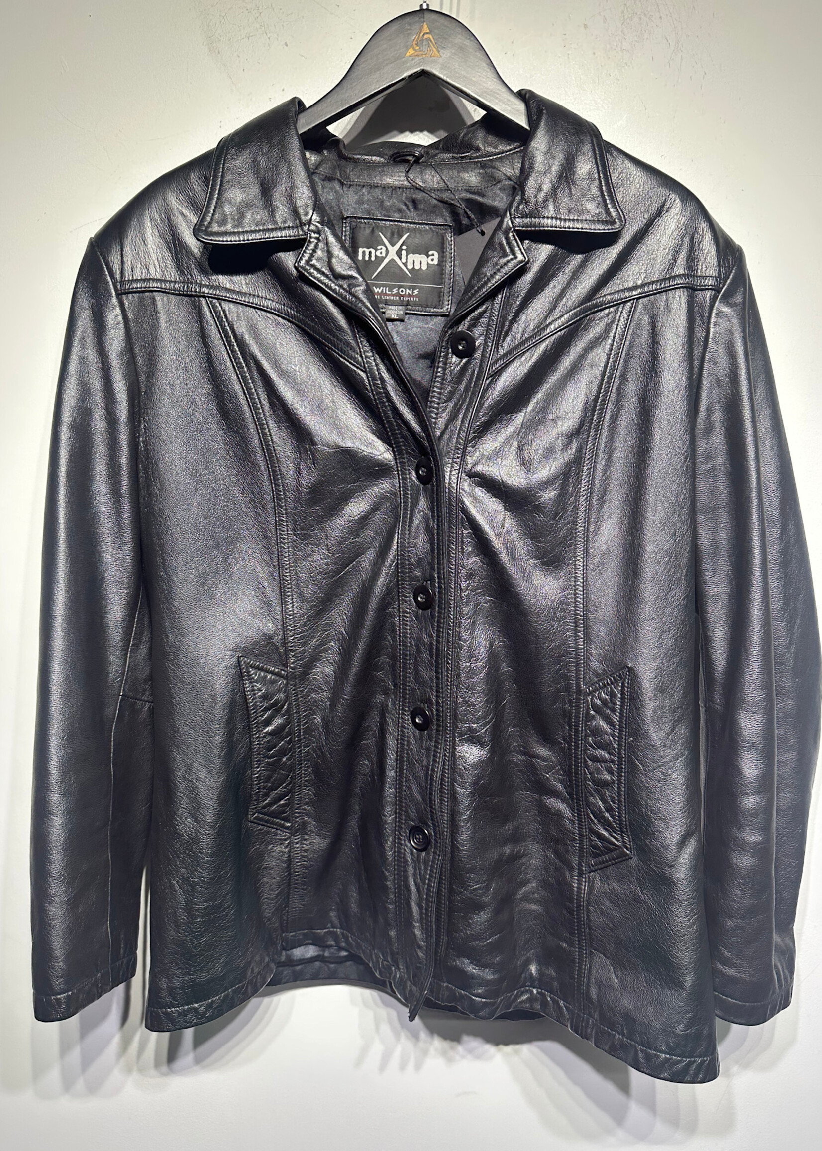 Wilson Maxima Black Leather Mid Length Blazer Fem XL