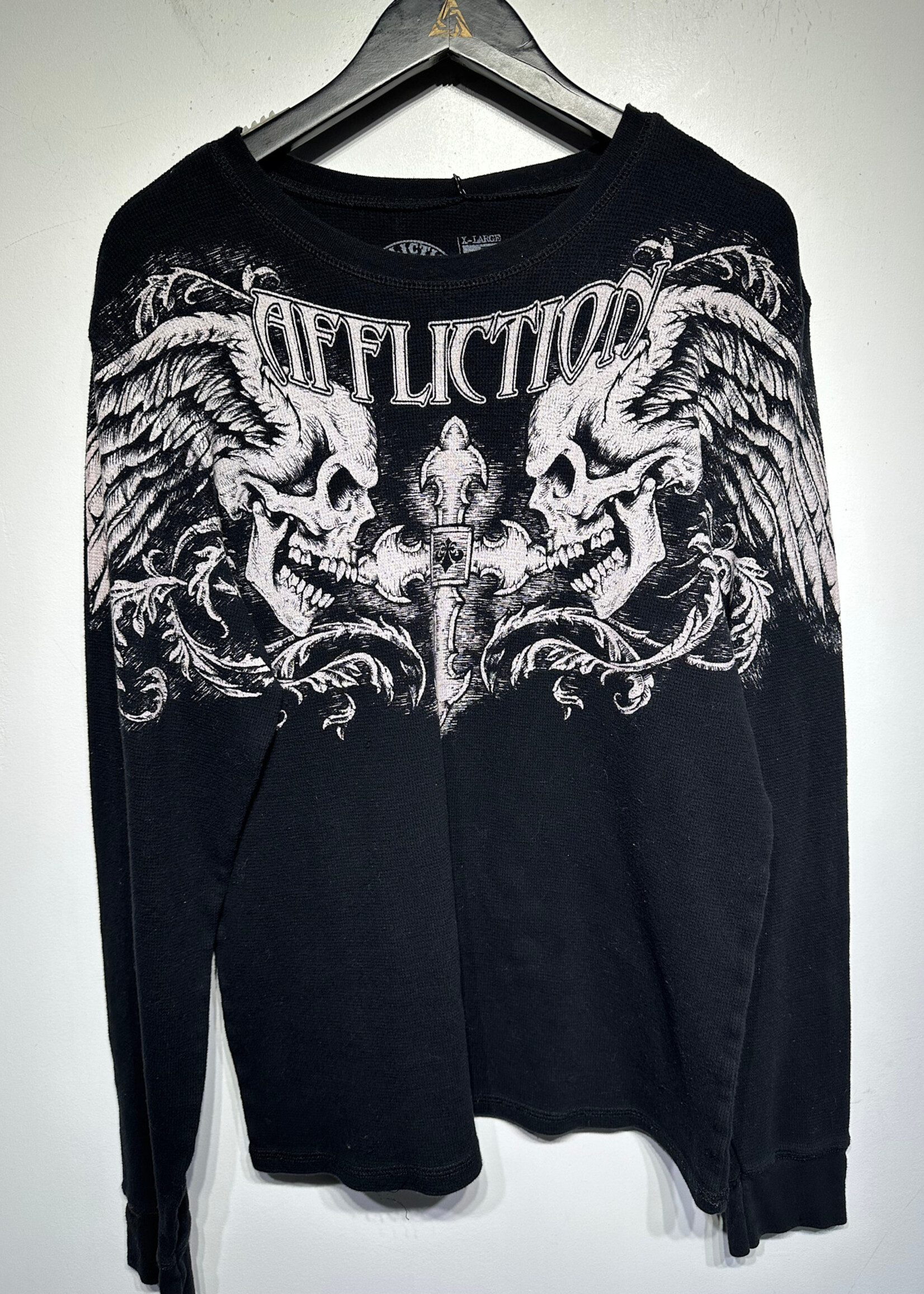 AFFLICTION BLACK SKULL WAFFLE KNIT LS XL