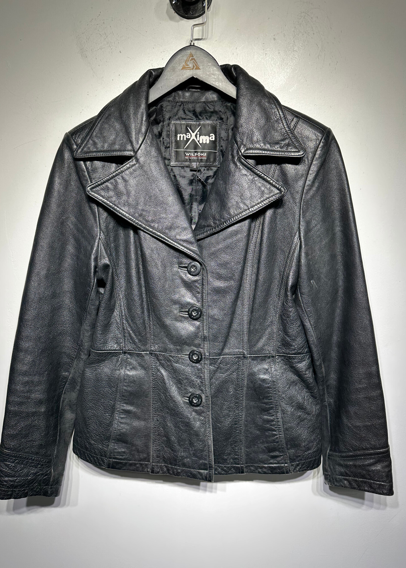 Maxima Vintage Black Short Leather Overcoat M