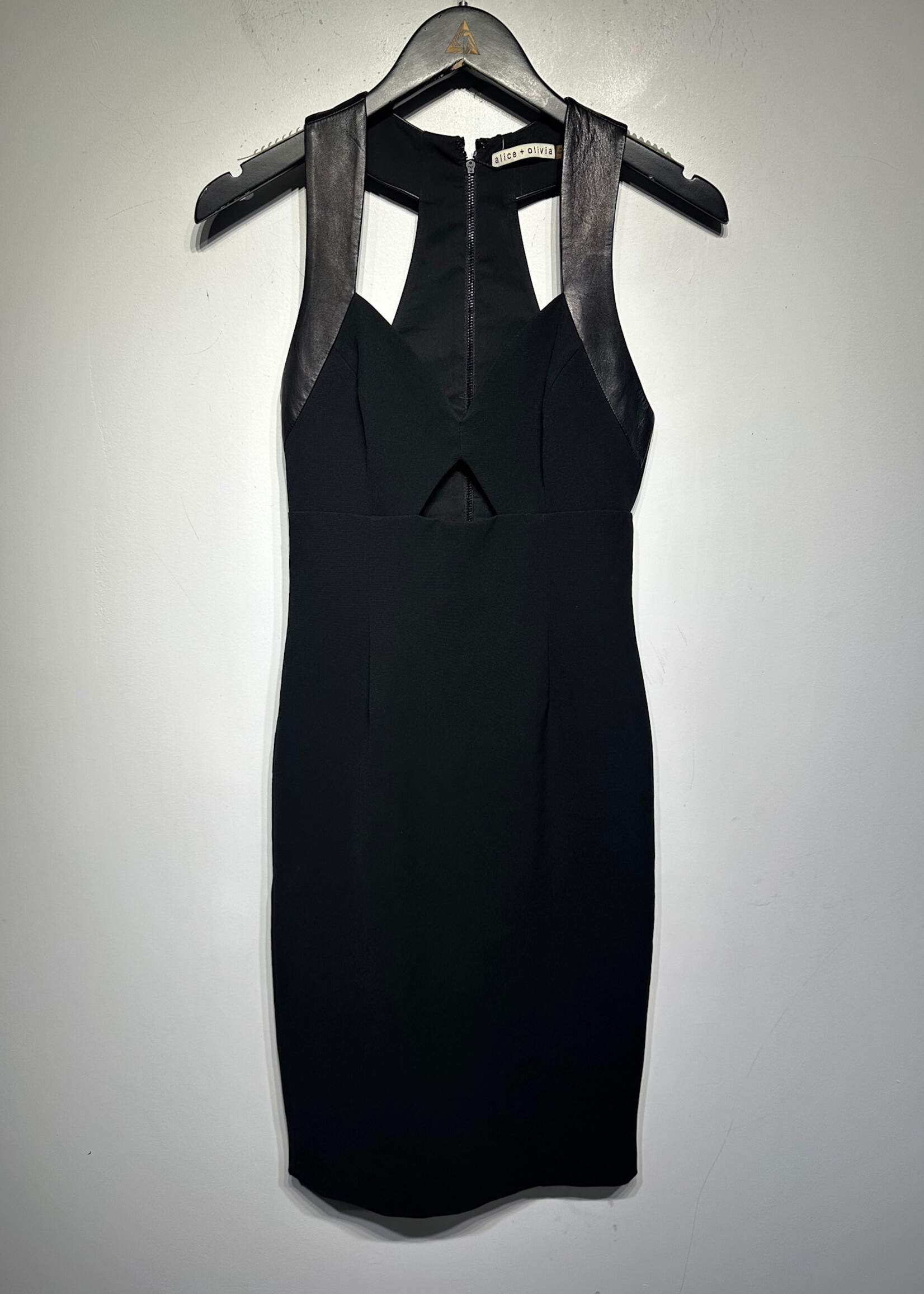 Alice Olivia Black Leather Trim Midi Dress M