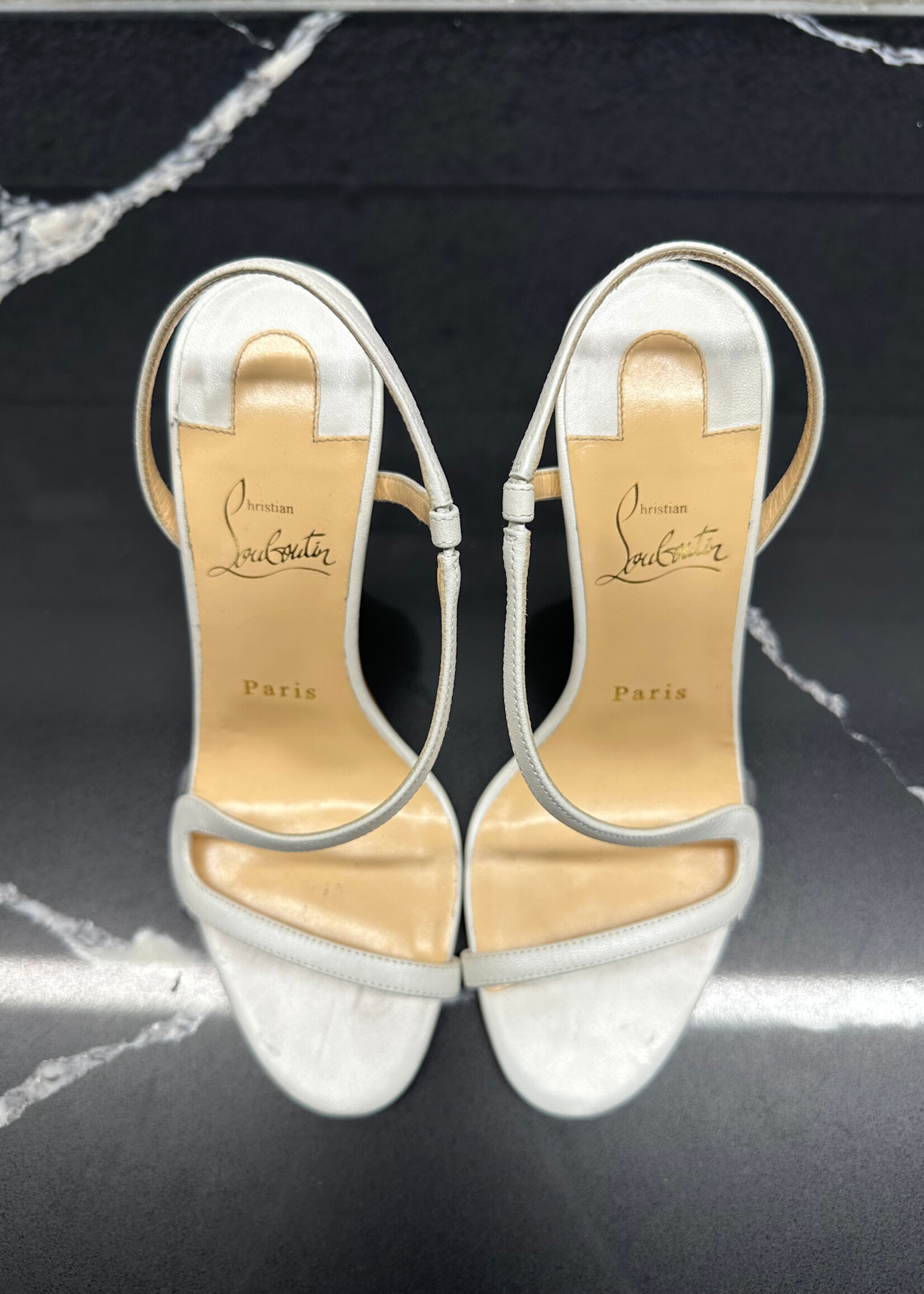 CHRISTIAN LOUBOUTIN WHITE STRAP HEELS 6.5