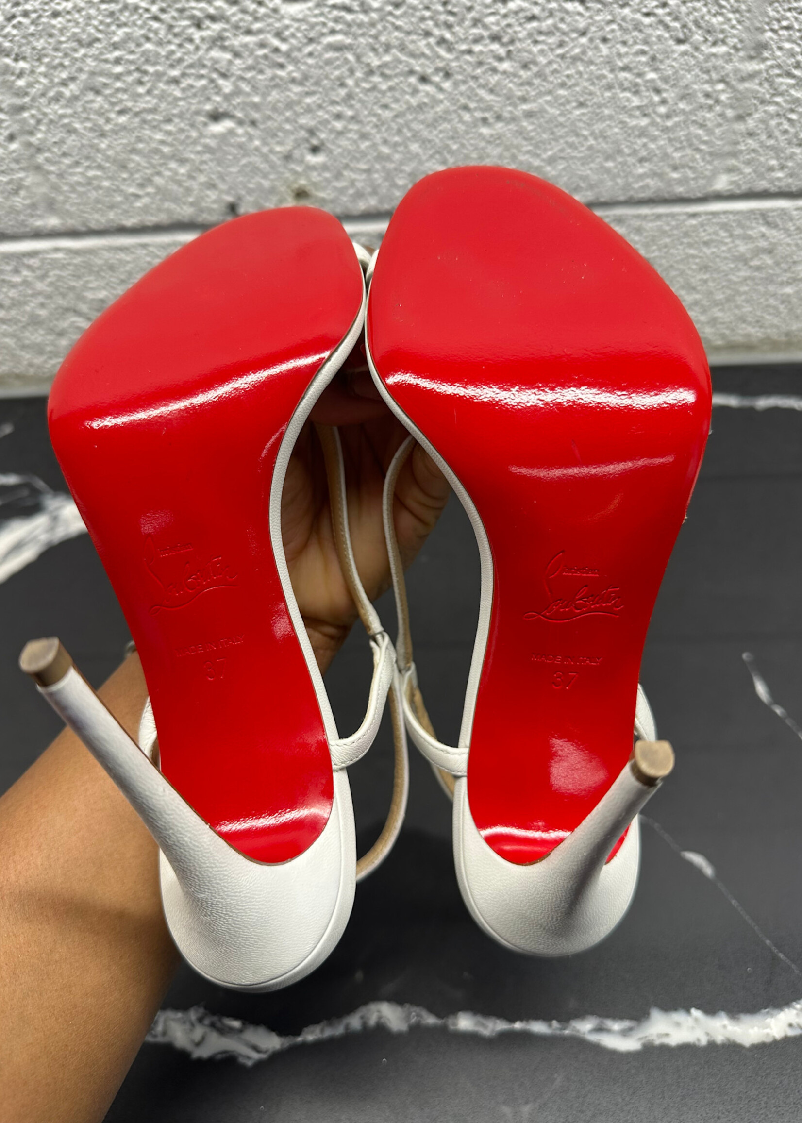 CHRISTIAN LOUBOUTIN WHITE STRAP HEELS 6.5