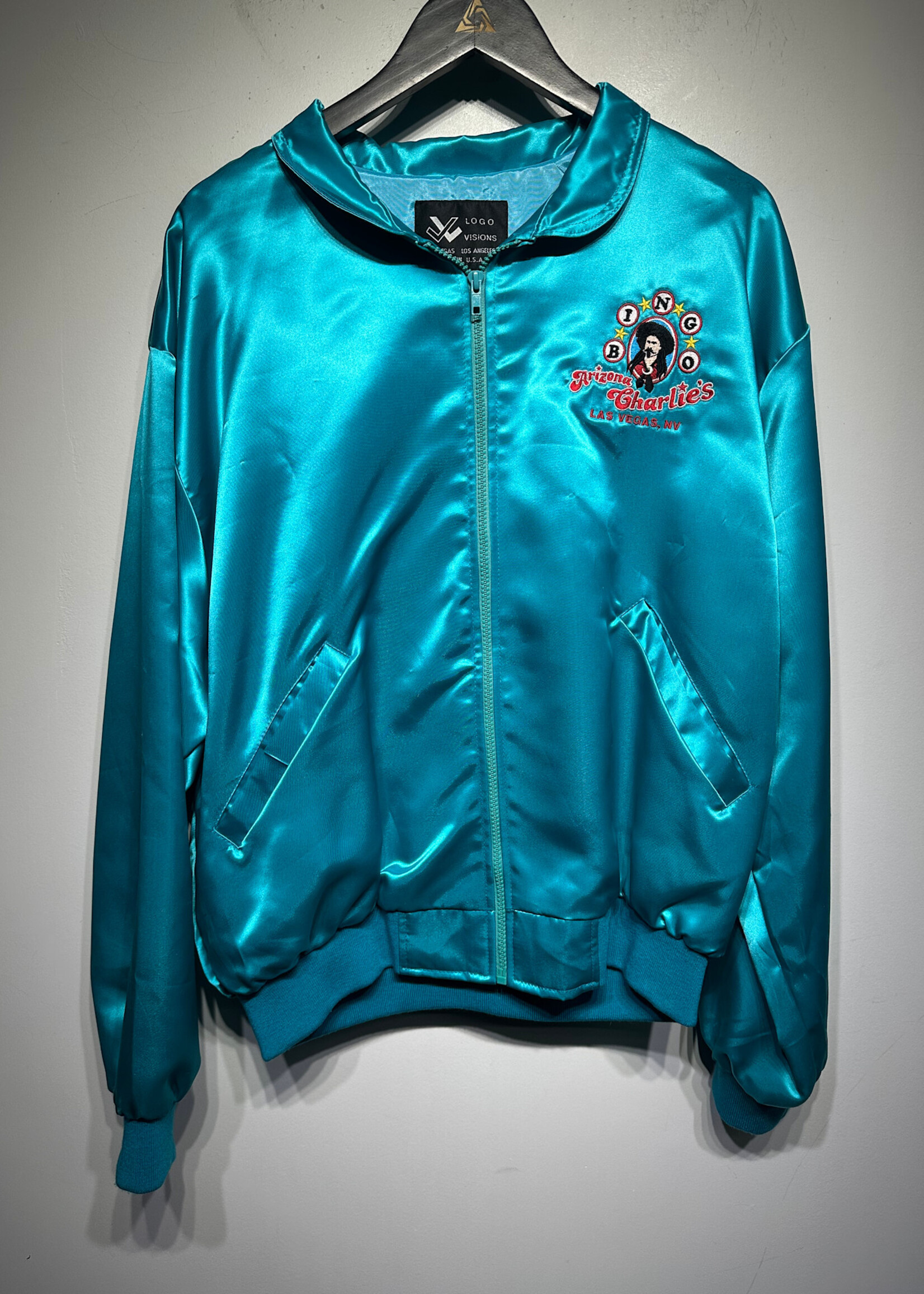 AZ CHARLIES BLUE SILK BOMBER JACKET L AS IS