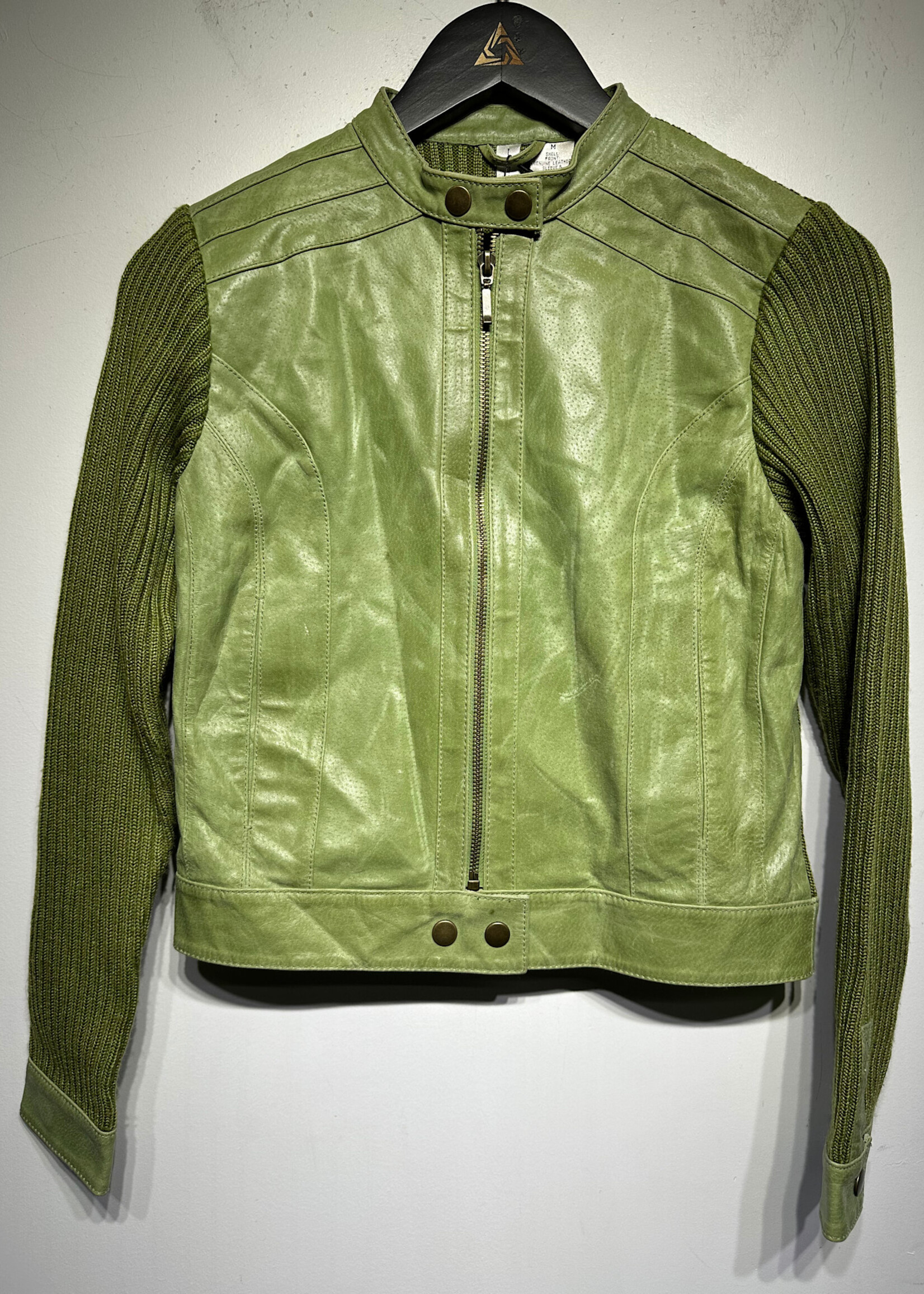 Twiggy Green Leather & Knit Crop Jacket Fits S