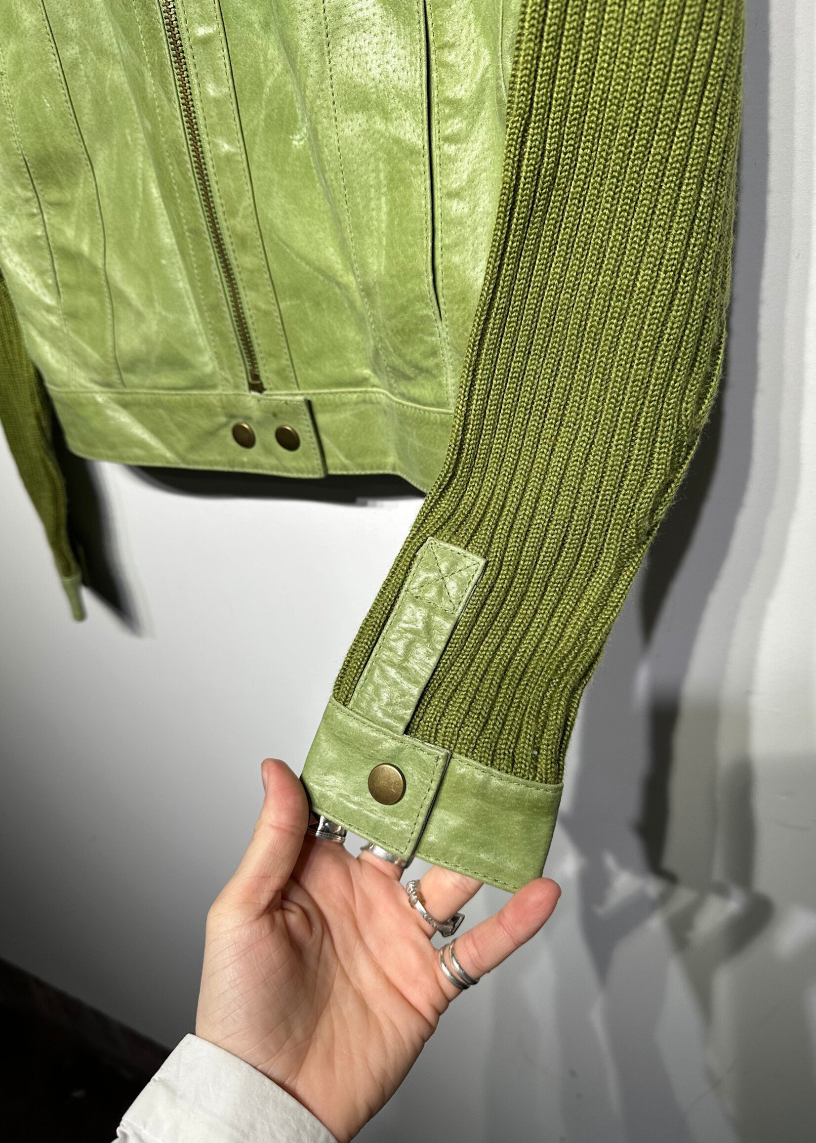 Twiggy Green Leather & Knit Crop Jacket Fits S