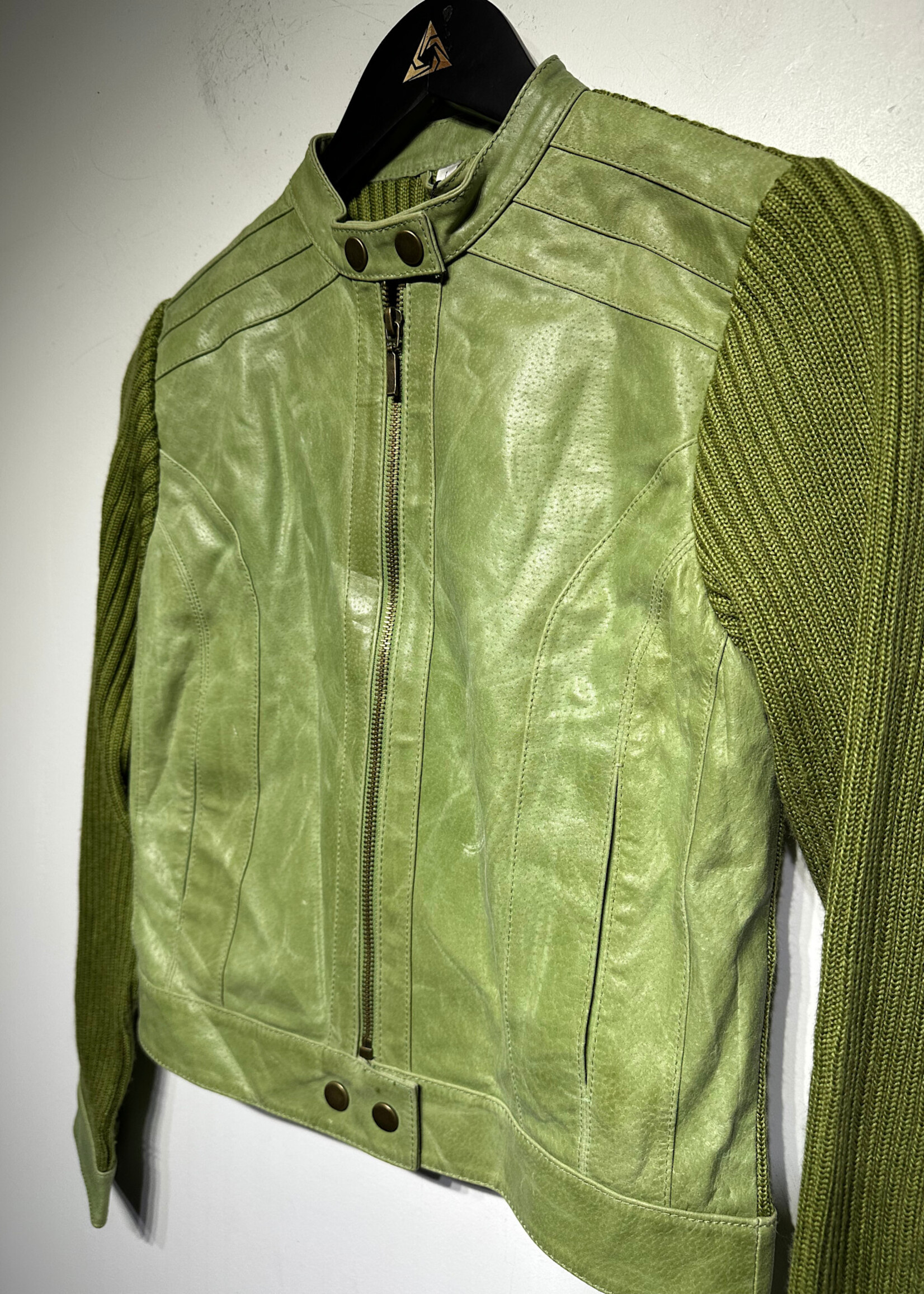 Twiggy Green Leather & Knit Crop Jacket Fits S