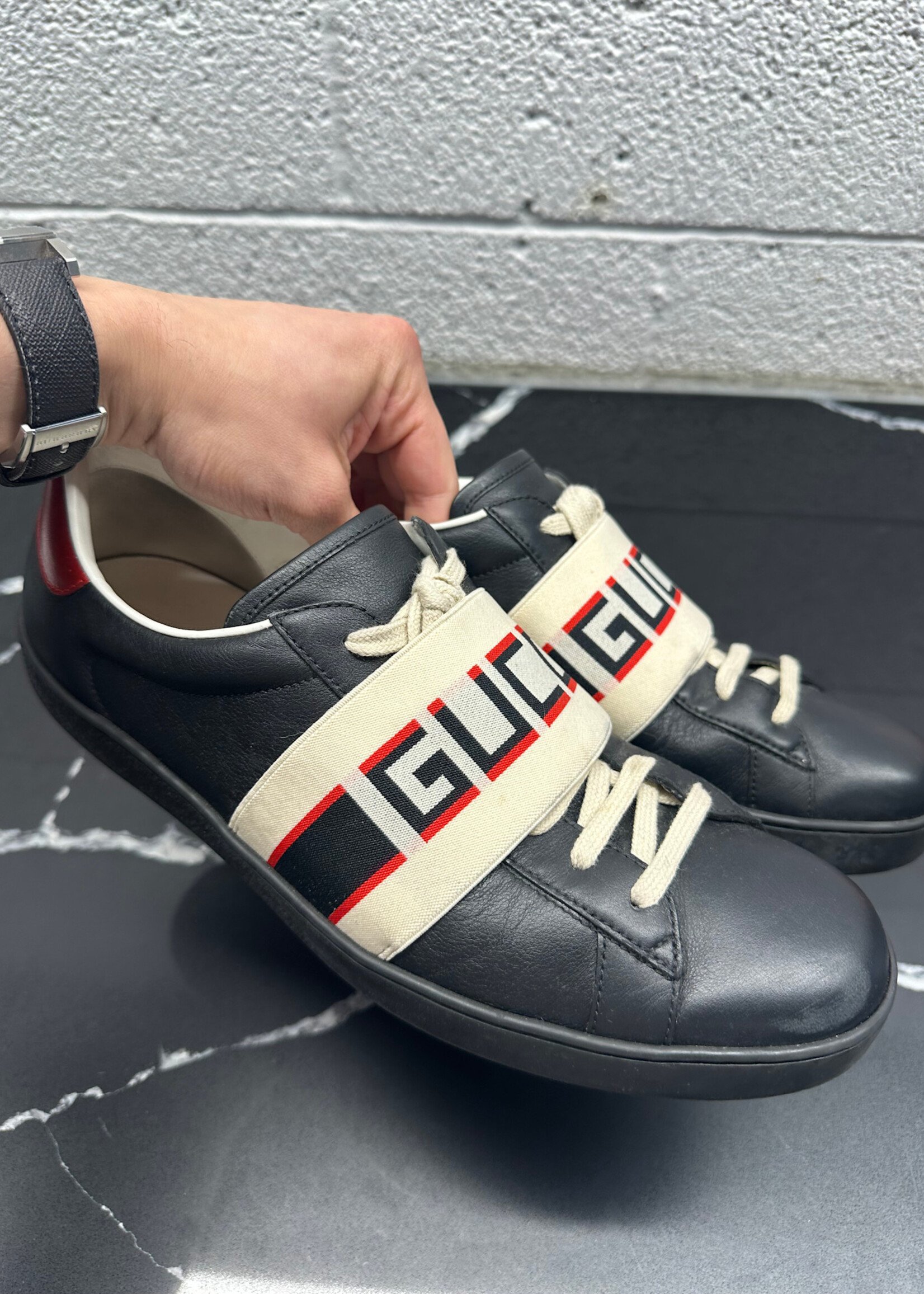 Gucci Black Elastic Logo Ace Trainers 10.5