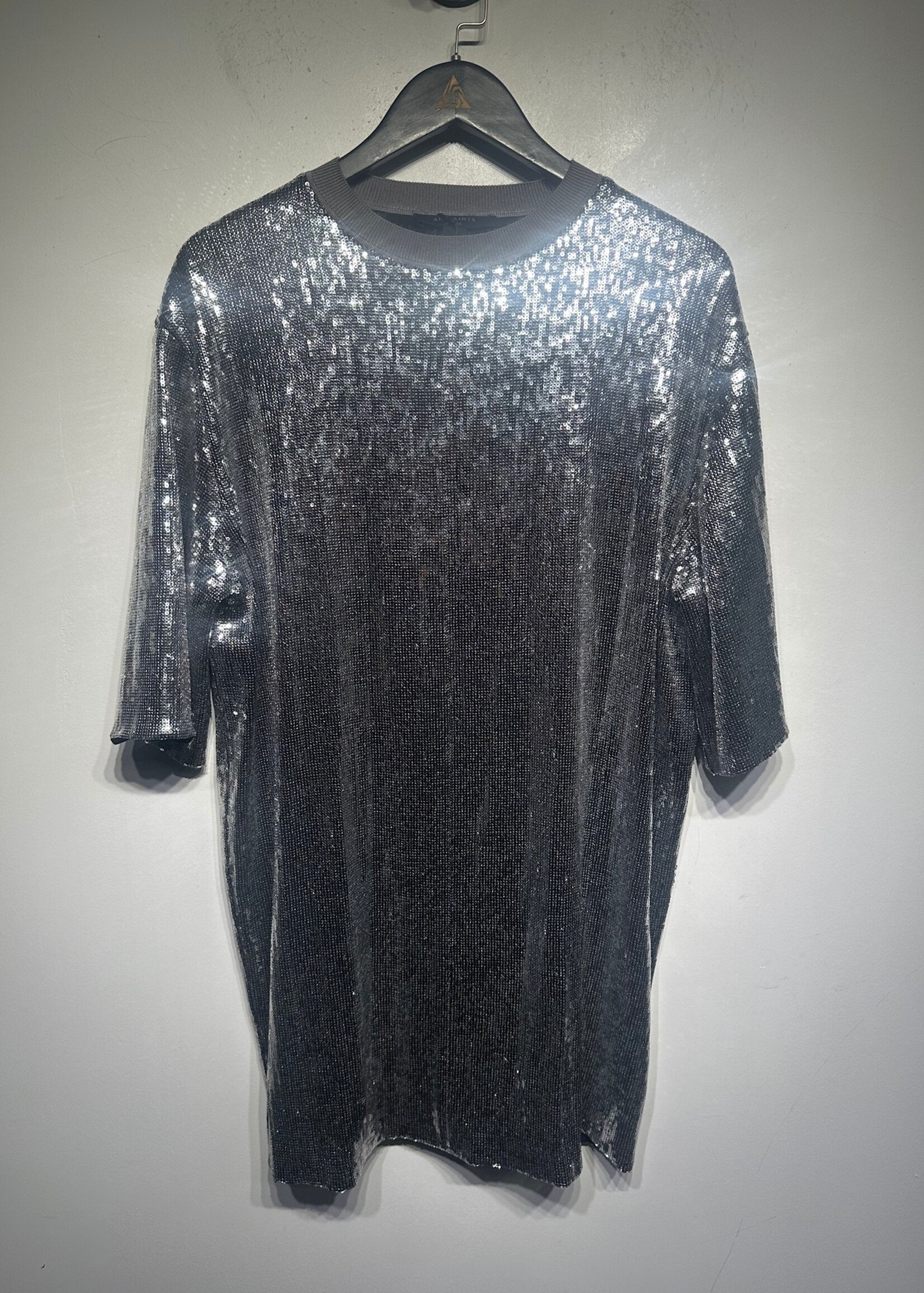 Allsaints Silver Sequin T-Shirt Dress S