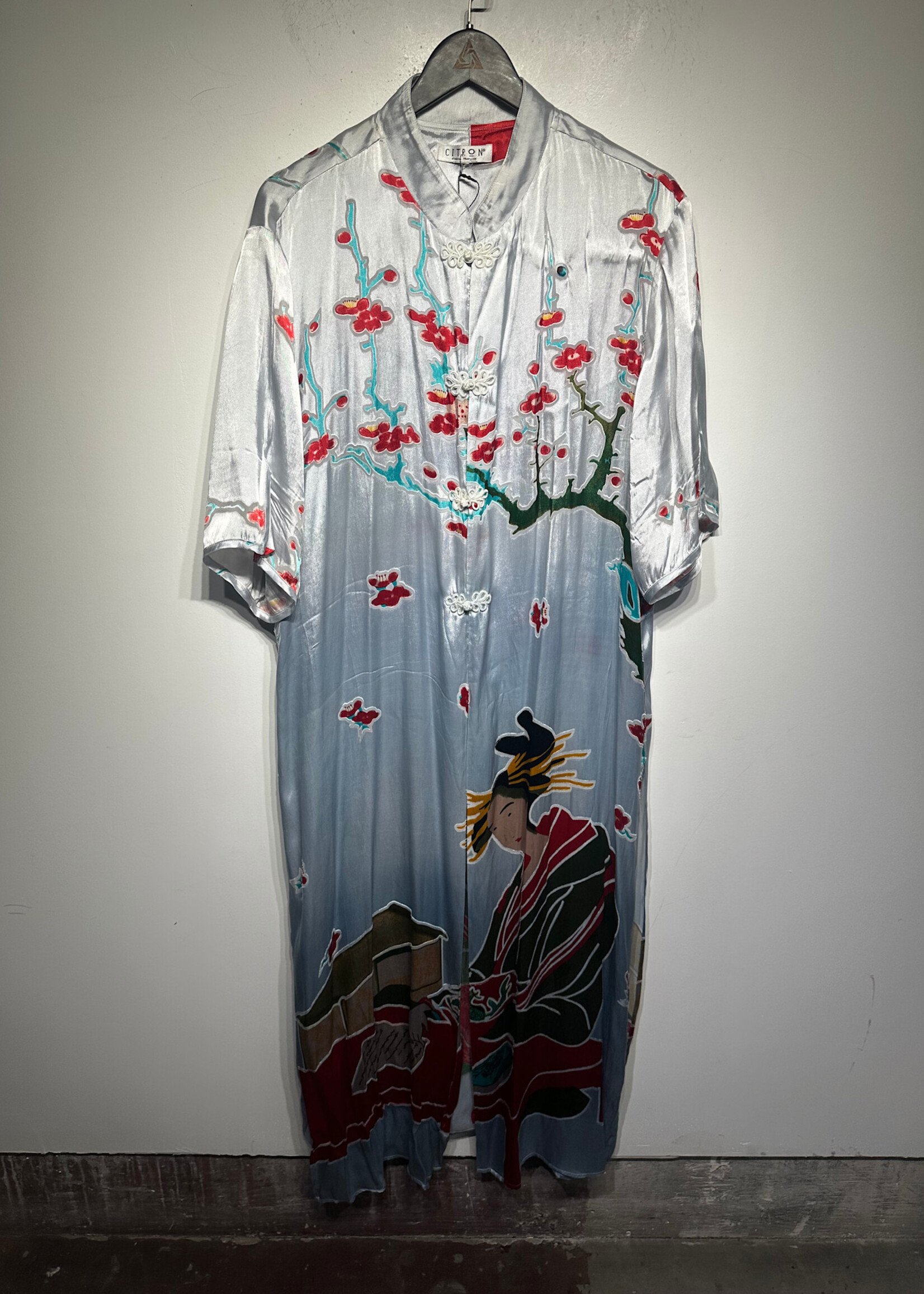 Citron Cherry Blossom Manderin Collar Robe AS IS