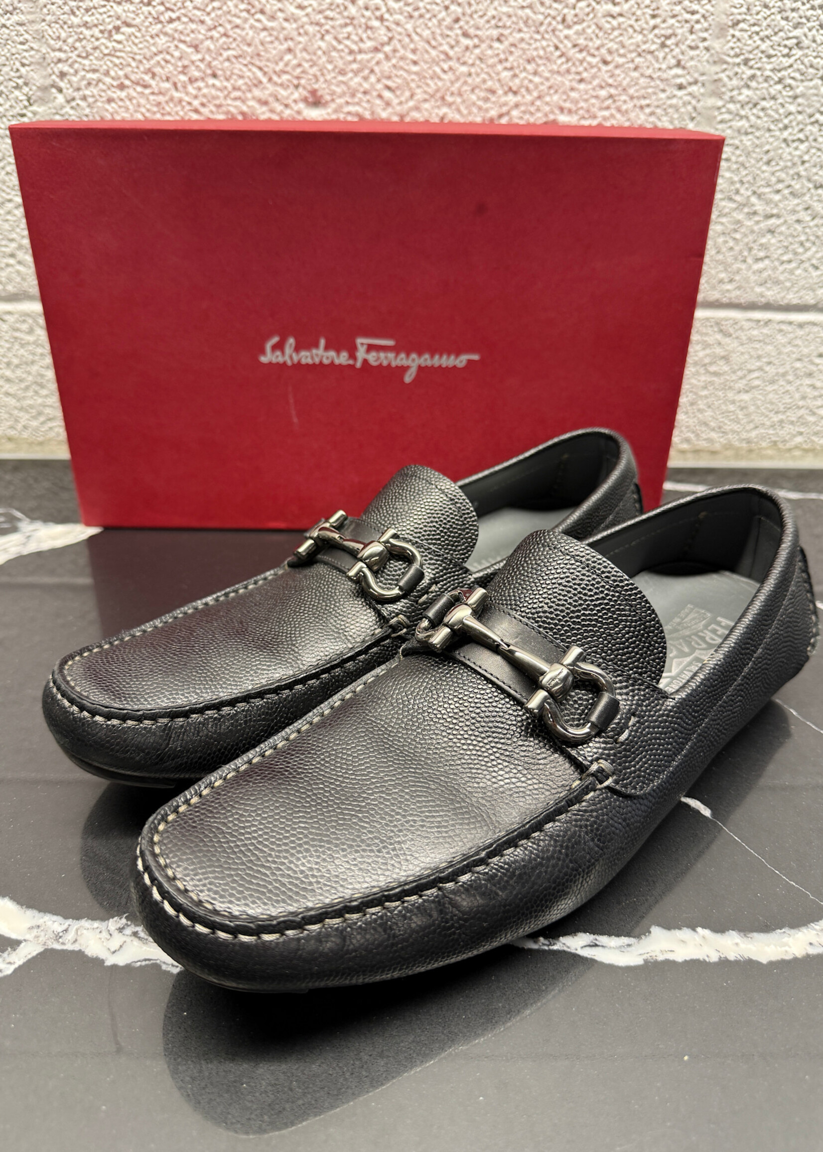 Ferragamo Silver Buckle Black Loafers 9.5