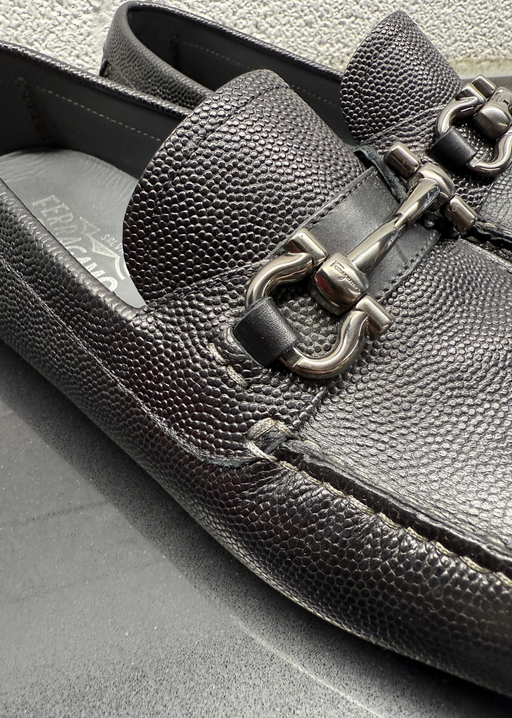 Ferragamo Silver Buckle Black Loafers 9.5