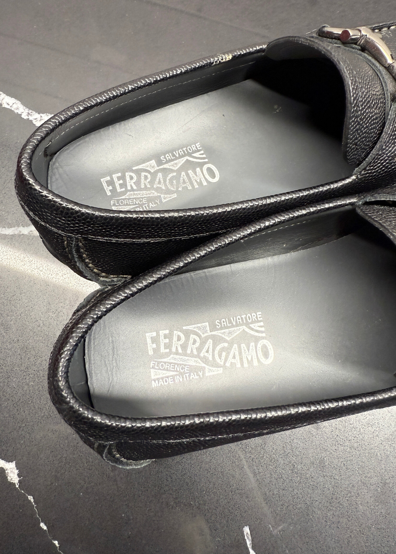 Ferragamo Silver Buckle Black Loafers 9.5