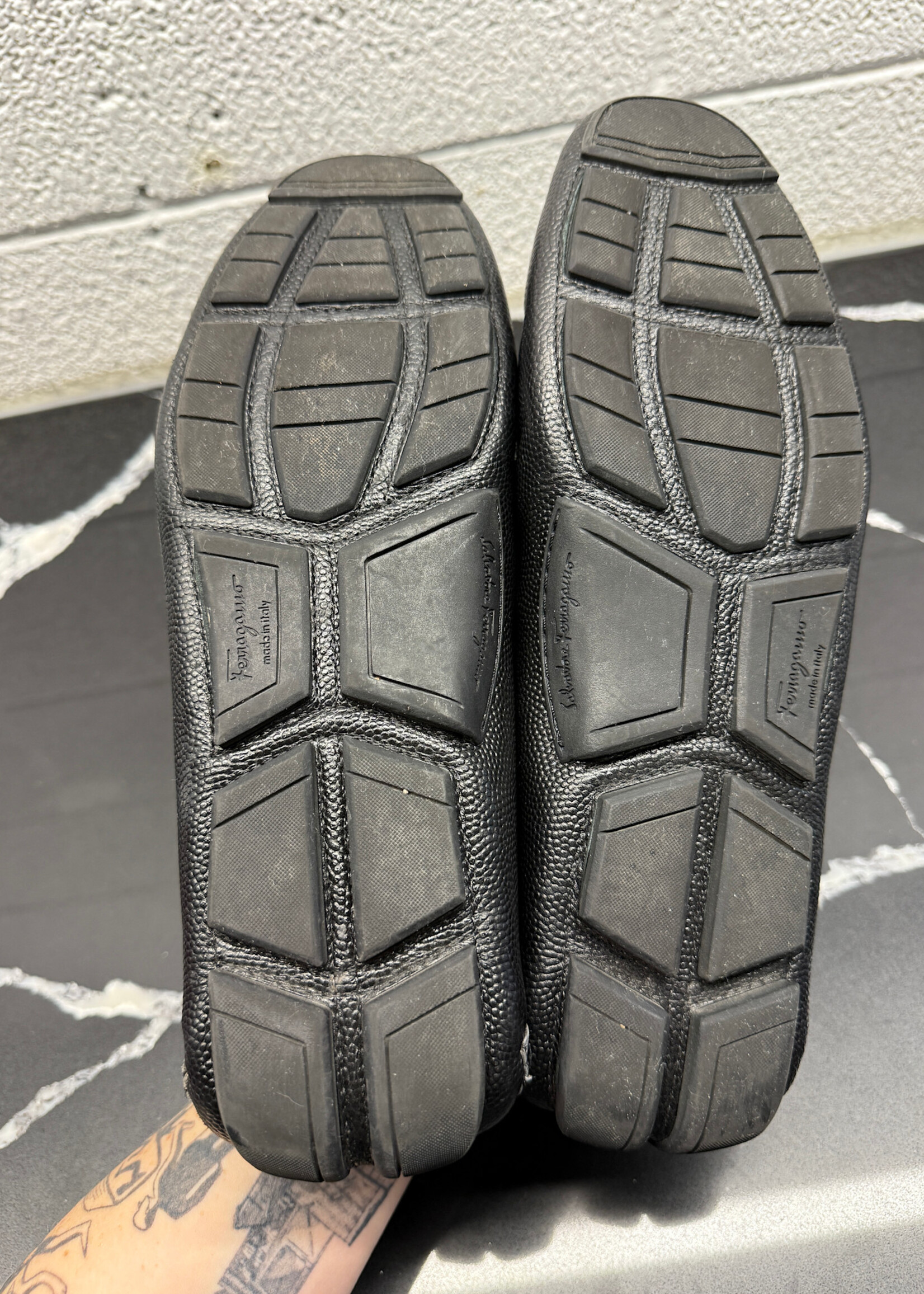 Ferragamo Silver Buckle Black Loafers 9.5