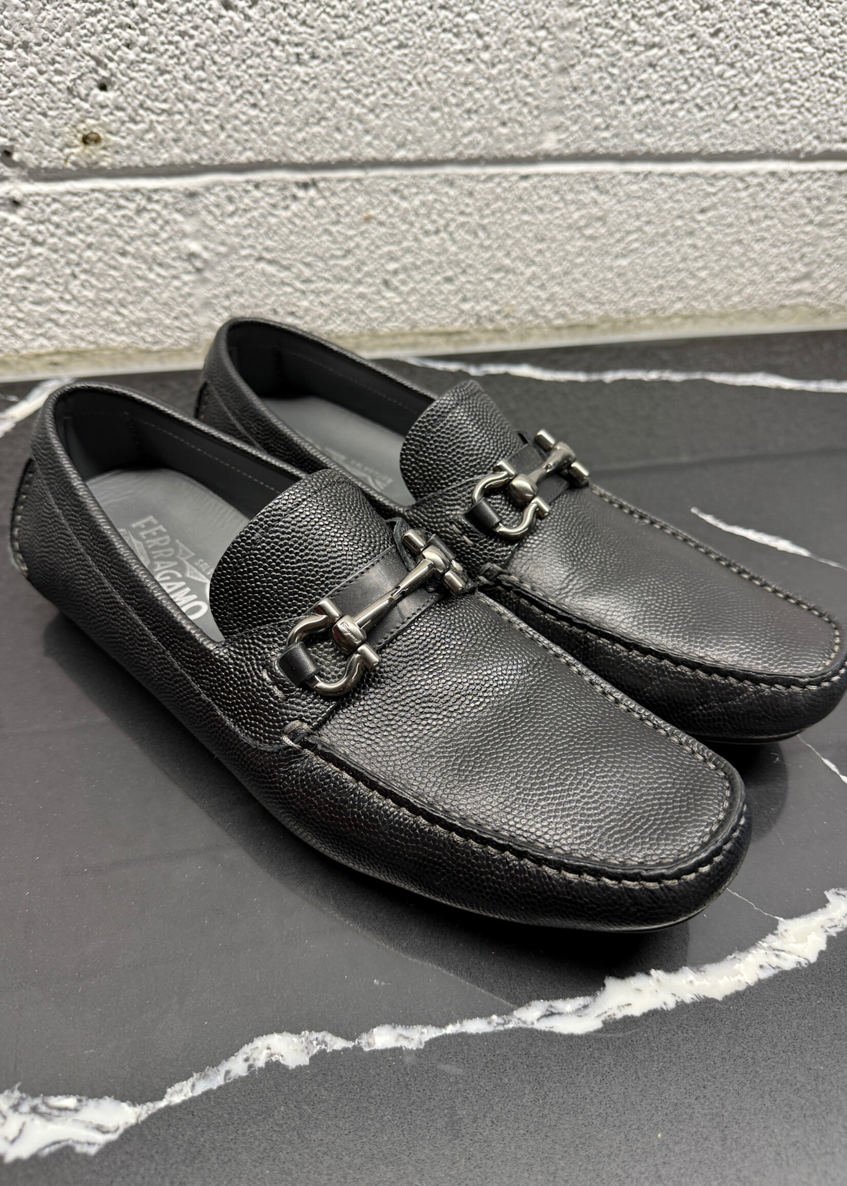 Ferragamo Silver Buckle Black Loafers 9.5