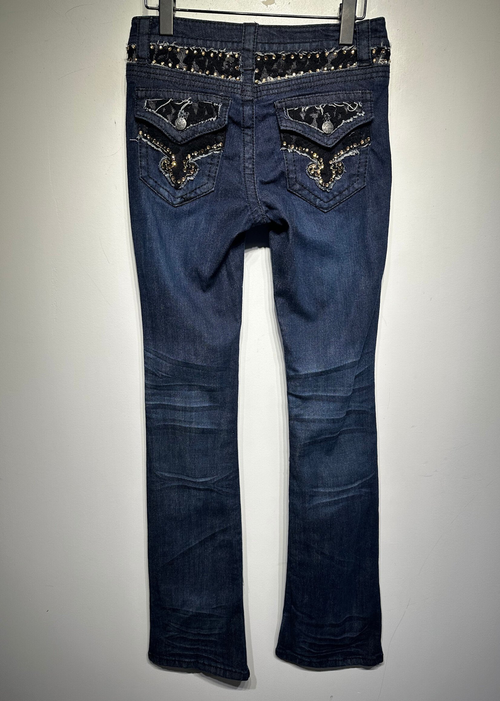 Cello Black Lace Back Dark Wash Flare Jeans 27