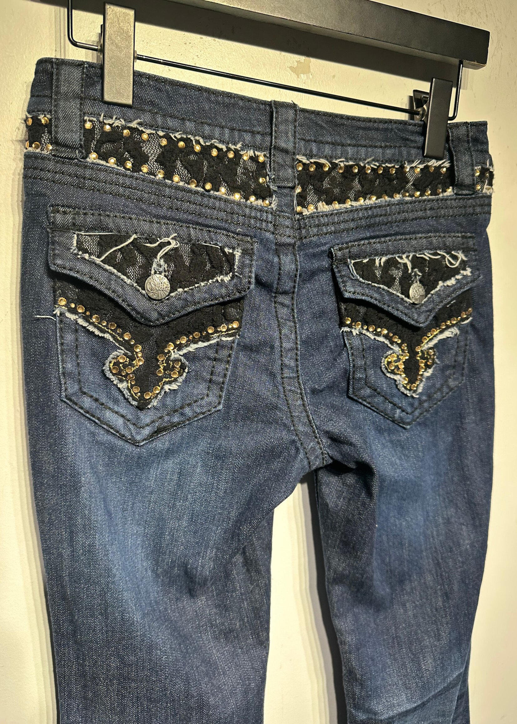 Cello Black Lace Back Dark Wash Flare Jeans 27