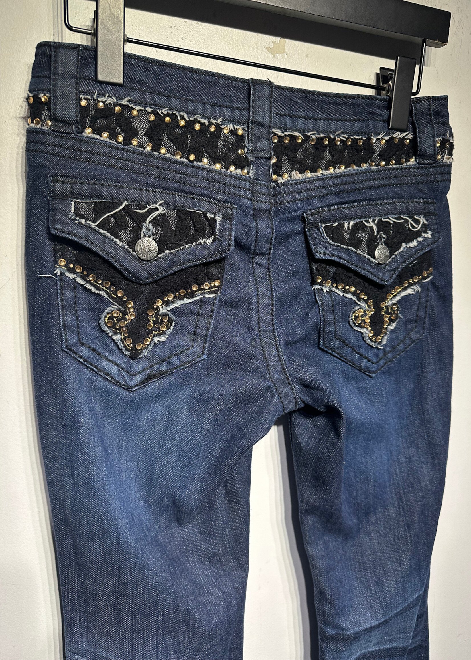 Cello Black Lace Back Dark Wash Flare Jeans 27